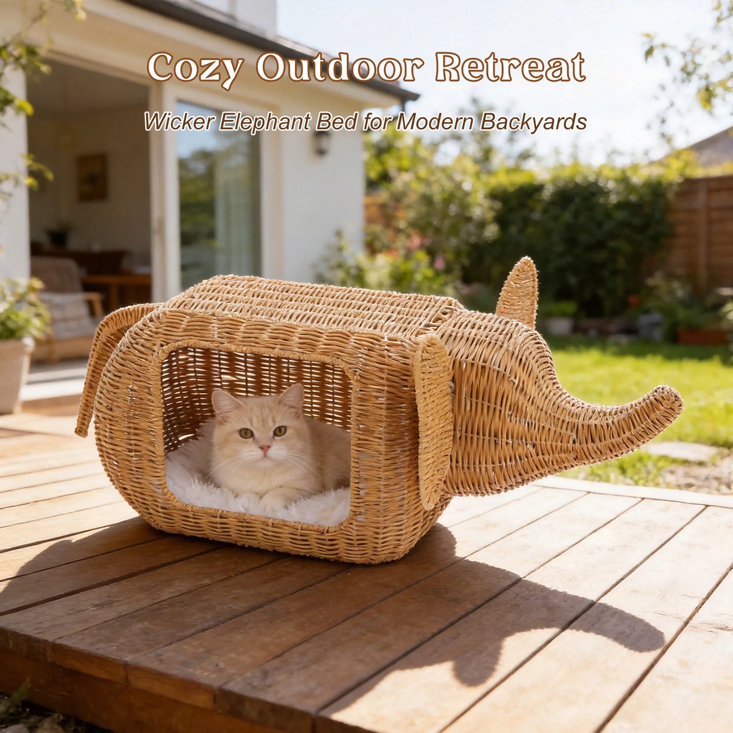 PEQULTI Elephant Rattan Cat Condo Bed Plush Cushioned