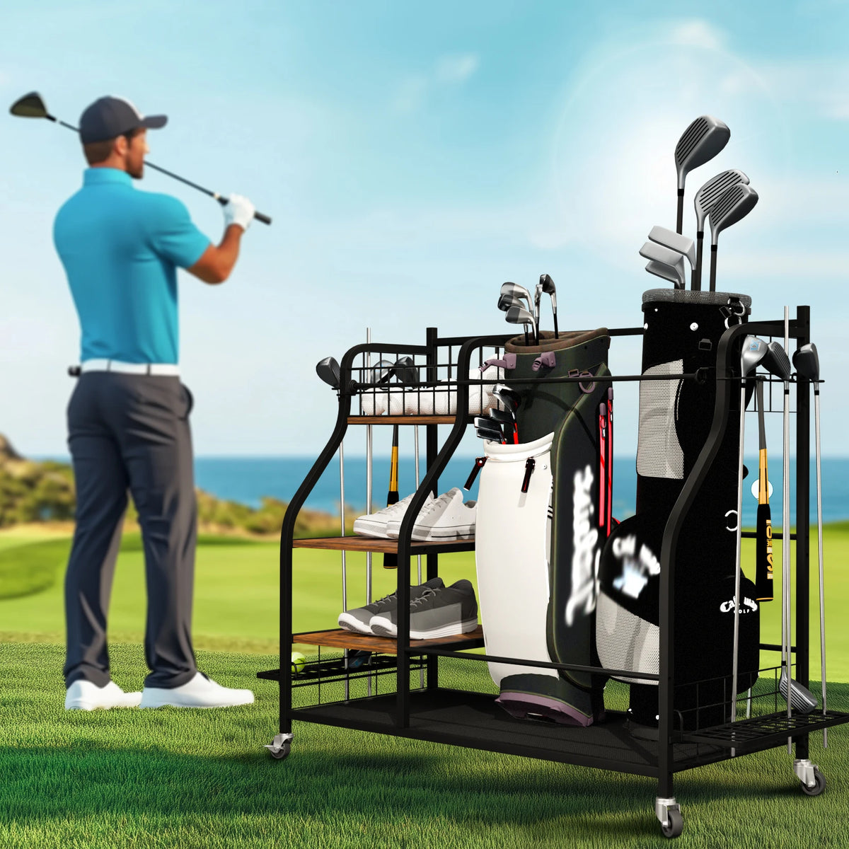 Metal Three Tier Golf Bag Storage Rack With Rolling Wheels