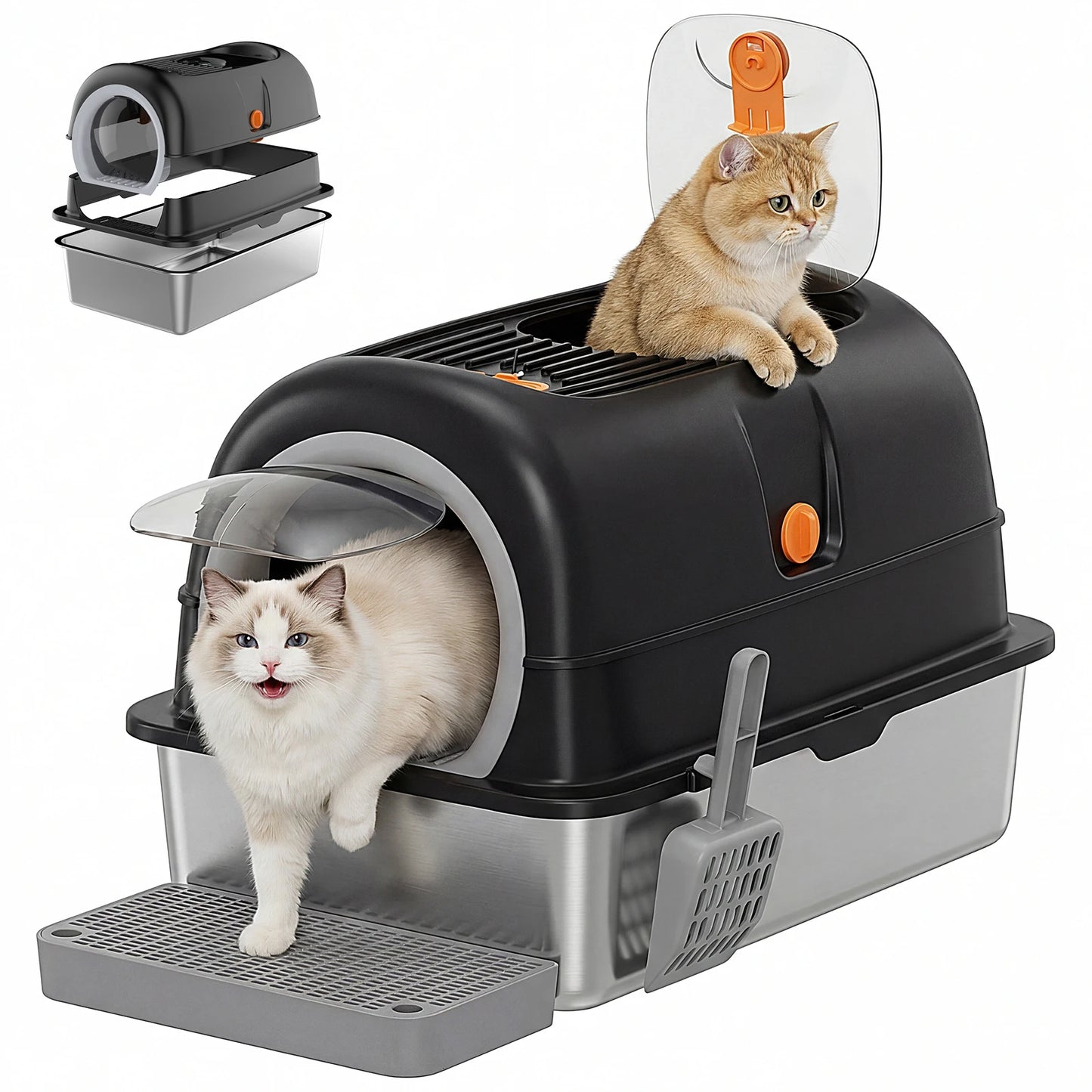 JHK Stainless Steel Cat Litter Box Fully Enclosed For Large Cats Scoop Included