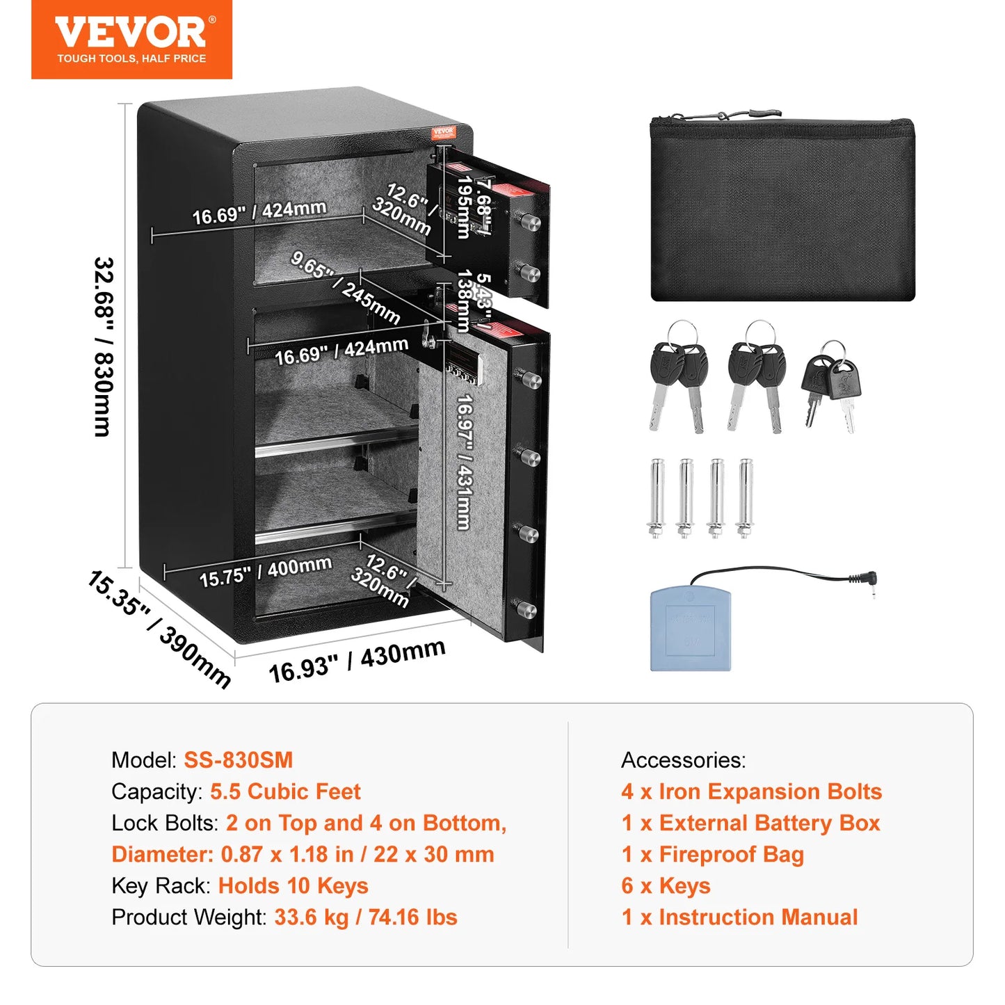 SucceBuy Single Door 4.0 cu.ft Safe Box w/ Key Lock Password & Fingerprint Safe Lock Box with Fireproof Bag Key Rack & LED Light
