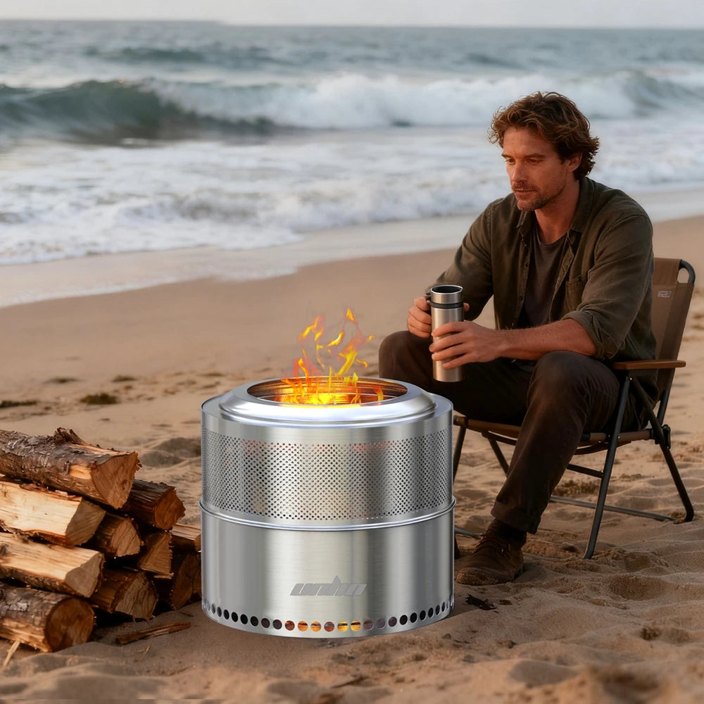 UNHO 19-inch Smokeless Fire Pit, Used for Outdoor Wood Burning, Portable 304 Stainless Steel Camping Stove, Perforated Fireplace, Suitable for Outdoor Heating, Hunting, Barbecue and Ice Fishing.