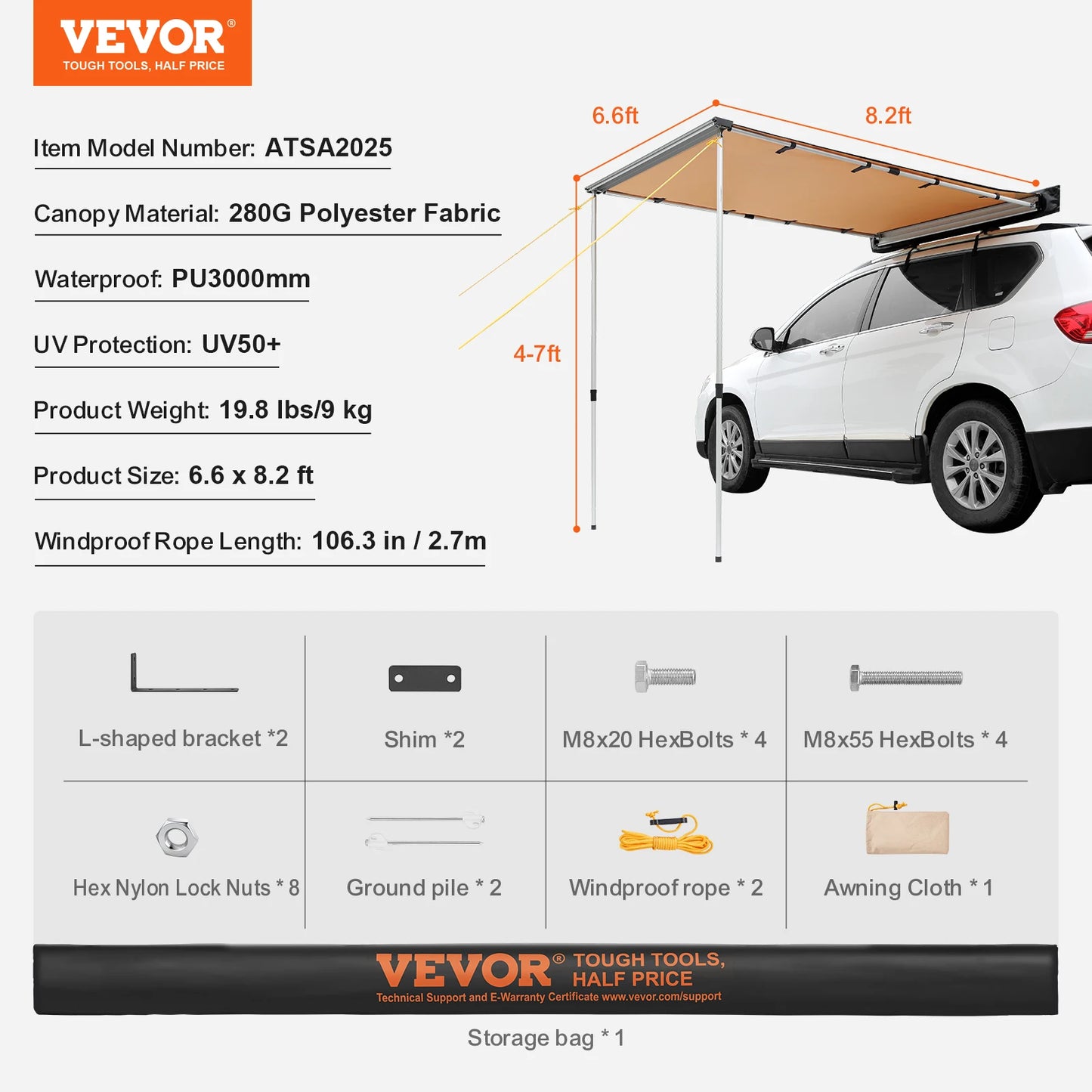SucceBuy Vehicle Awning Retractable Car Side Awning Car Awning with Waterproof Storage Bag Suitable for Truck SUV Van Campers