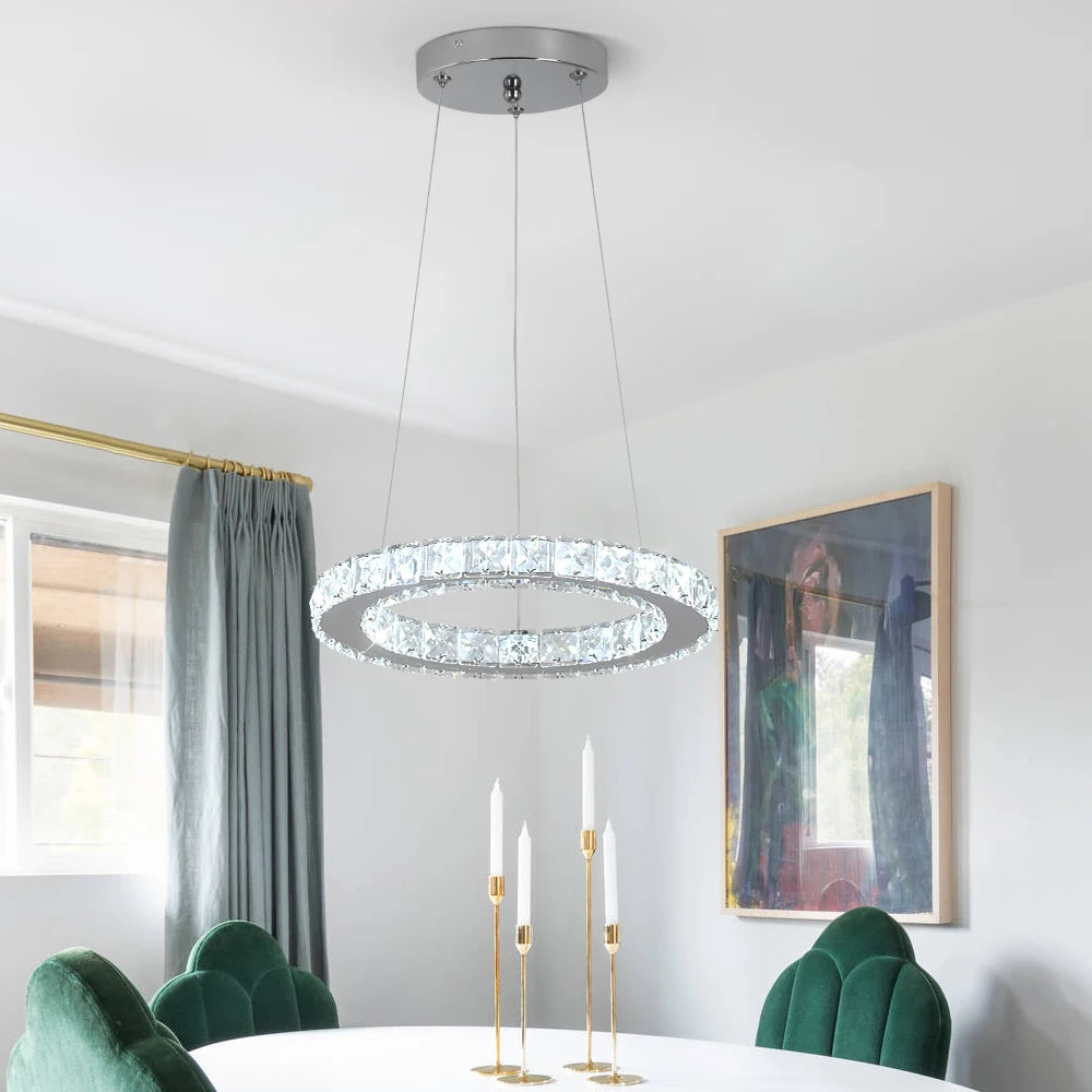 GreeLustr Modern Pendant Chandelier With Crystal Rings LED Ceiling Light