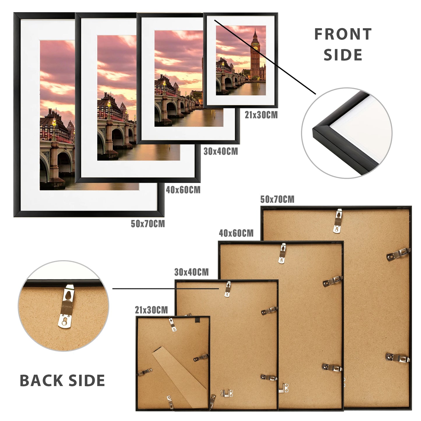 Modern Aluminum Picture Frames Set, 3 Pieces, With Mat