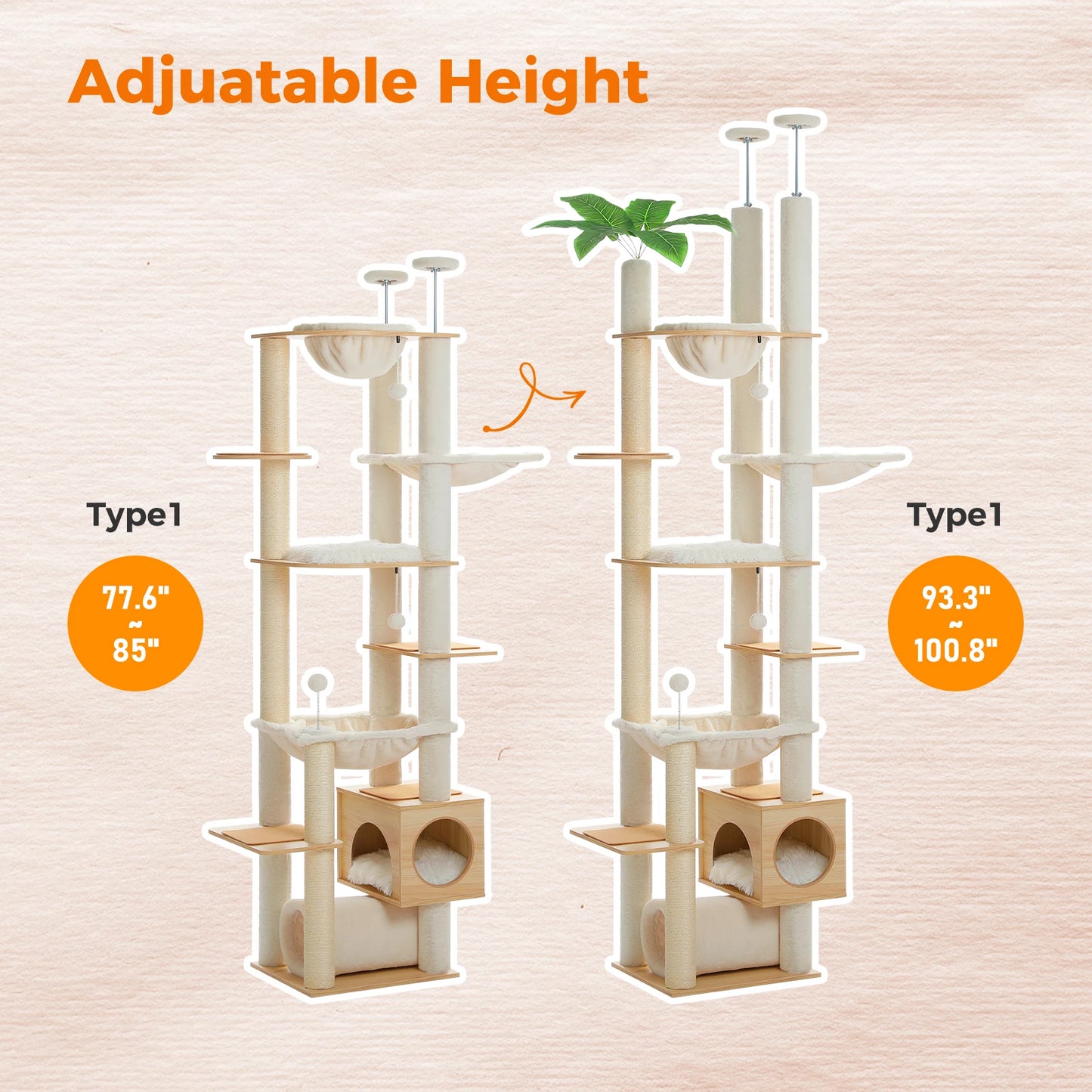 PAWZ Road Height Adjustable Wooden Cat Tree With Hammock Sisal Scratching Posts