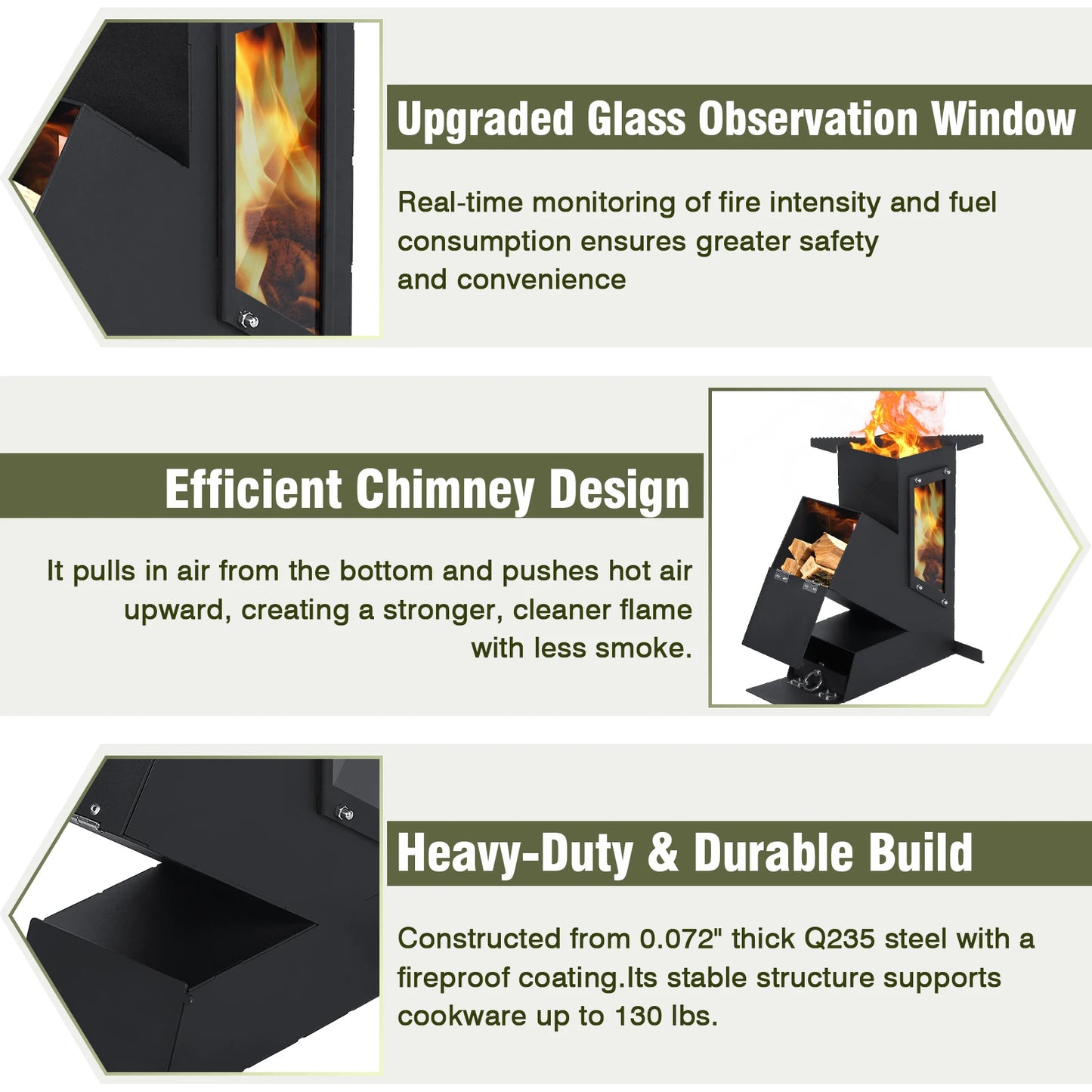 Portable Rocket Stove With Glass Door Wood Burning Outdoor Cooking Camping Grill For Survival Emergency