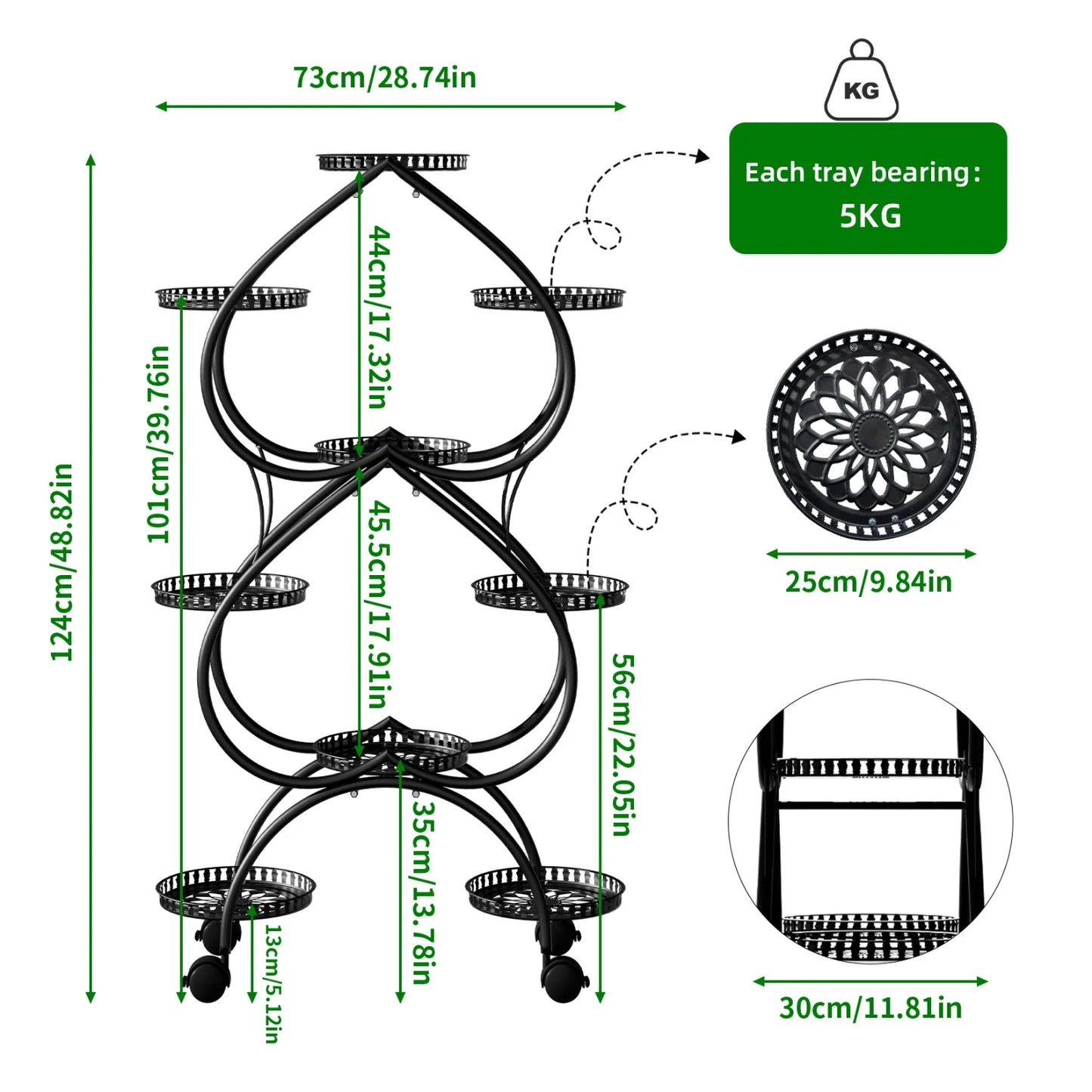 9-Potted Metal Tall Plant Stand with Wheels Flower Pot Display Shelf Rack Holder for Balcony, Backyard, Garden