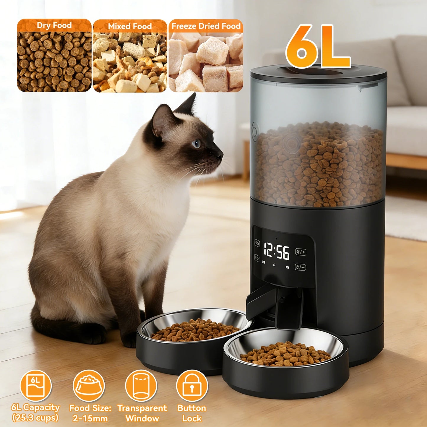 Automatic Cat Feeder With Dual Bowls Timed Dispenser