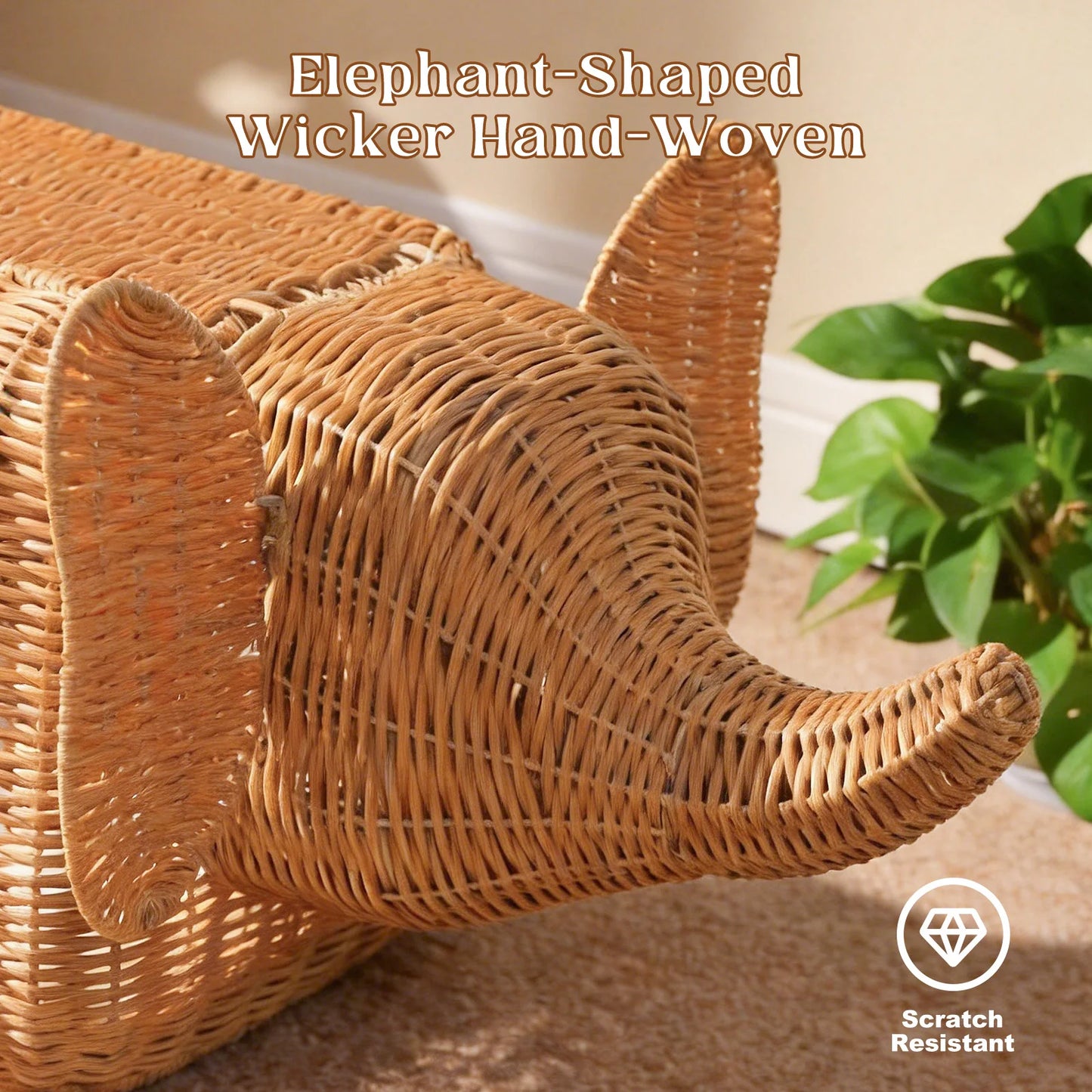PEQULTI Elephant Rattan Cat Condo Bed Plush Cushioned