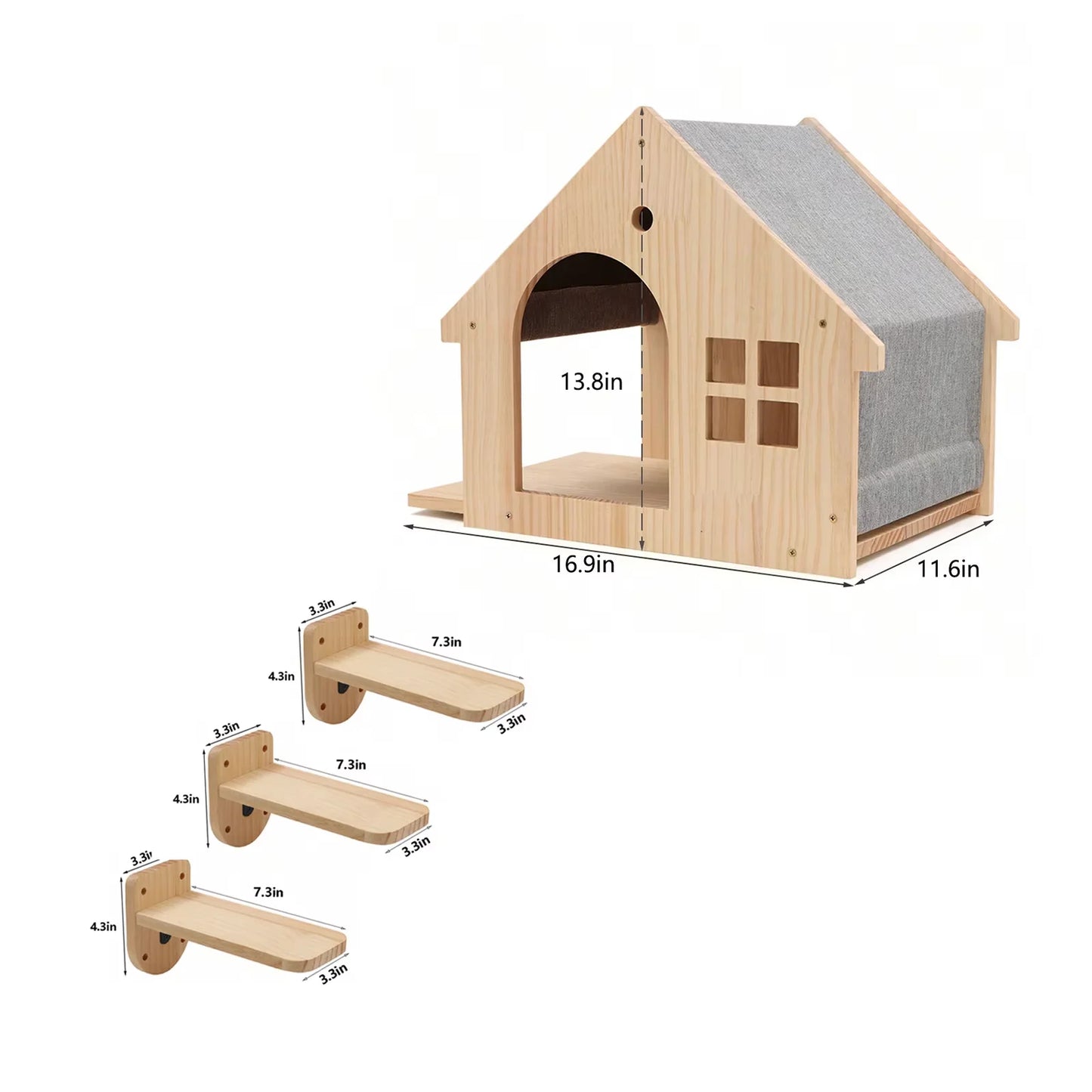 Wooden Cat Condo Villa Wall Mounted Shelf for Cats
