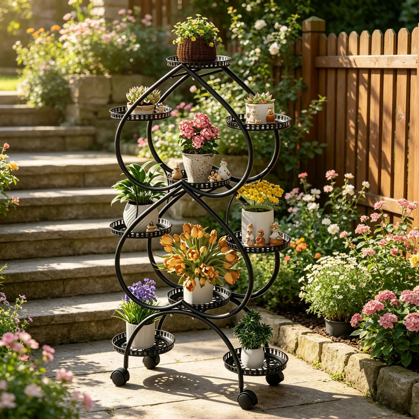 9-Potted Metal Tall Plant Stand with Wheels Flower Pot Display Shelf Rack Holder for Balcony, Backyard, Garden