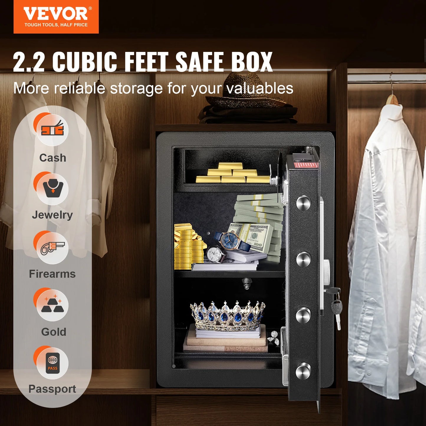 SucceBuy Electric Safe 2.2/1.8 Cubic Feet Fingerprint&Digital Security Cabinet Safe W/ Fire-proof Bag for Cash Jewelry Documents