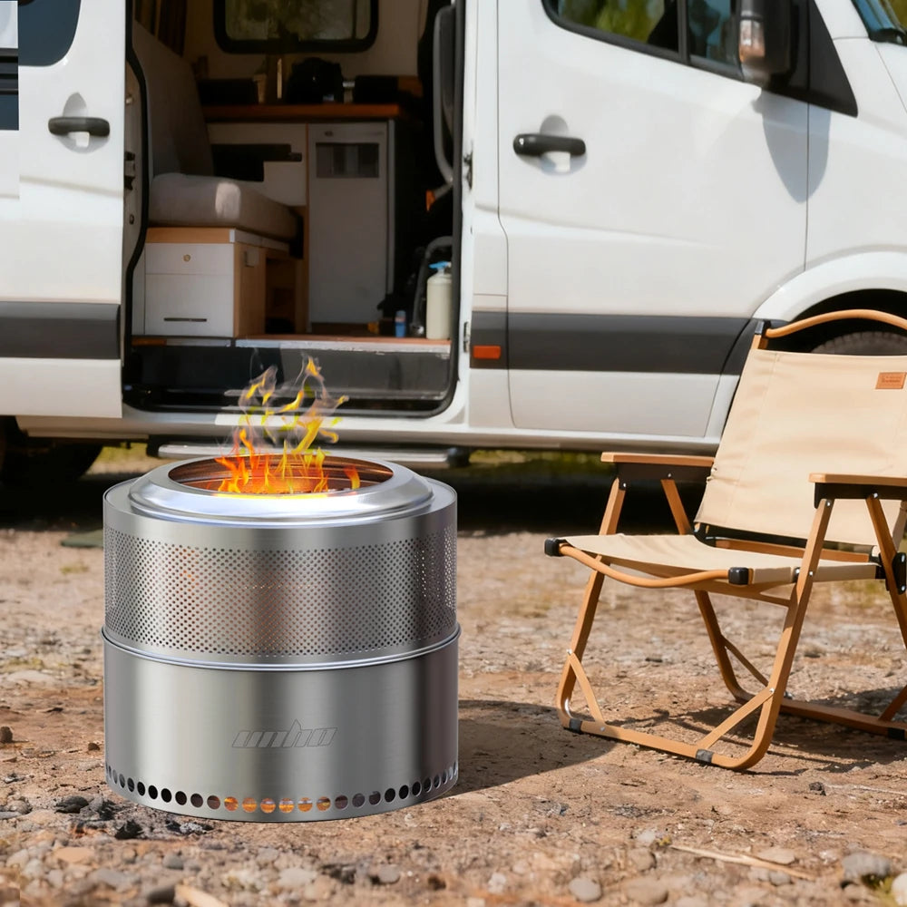 UNHO 19-inch Smokeless Fire Pit, Used for Outdoor Wood Burning, Portable 304 Stainless Steel Camping Stove, Perforated Fireplace, Suitable for Outdoor Heating, Hunting, Barbecue and Ice Fishing.
