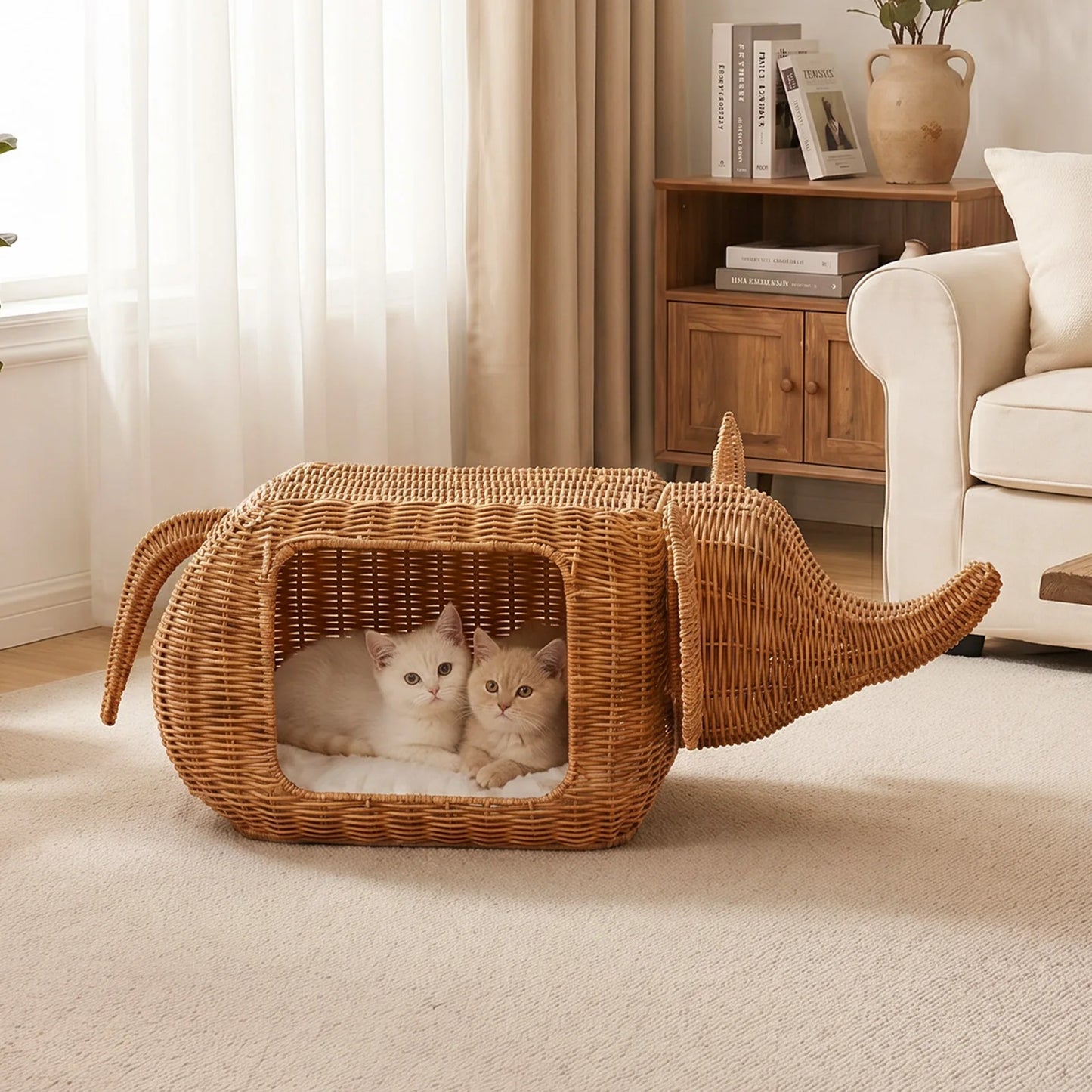 PEQULTI Elephant Rattan Cat Condo Bed Plush Cushioned