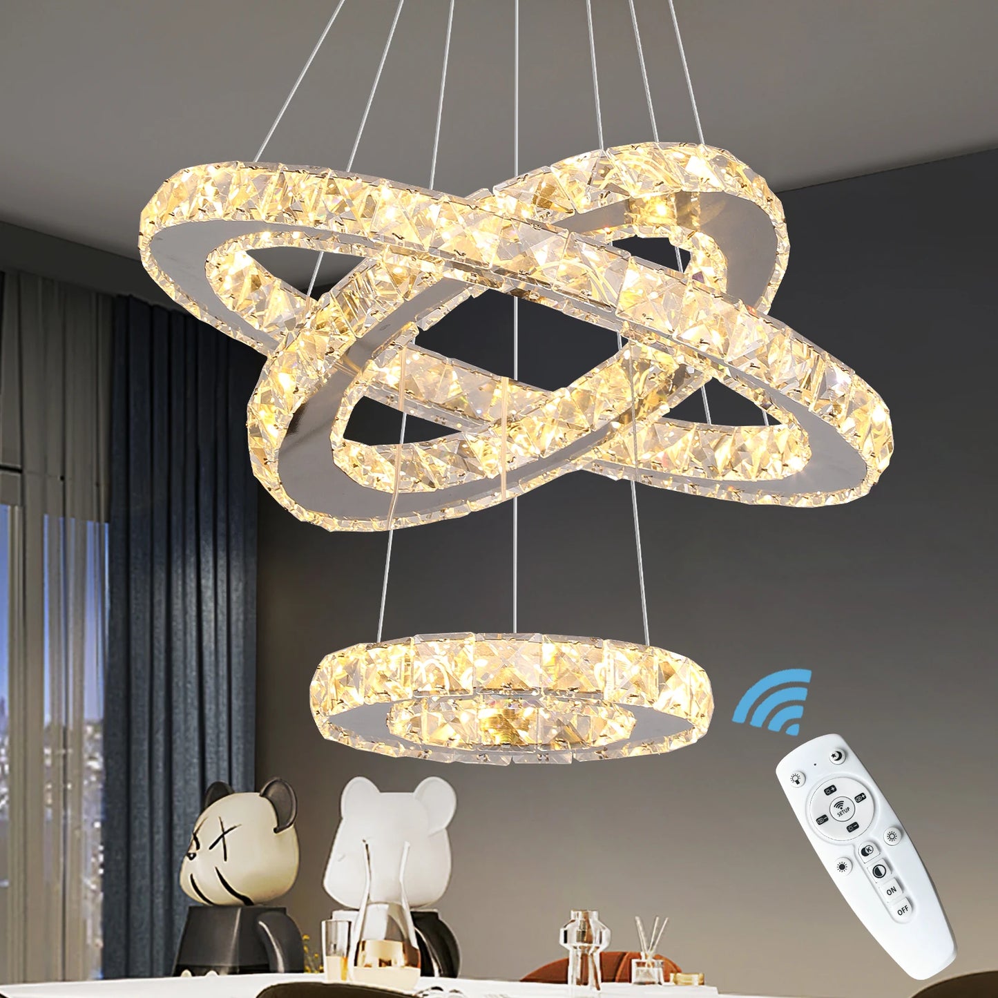 GreeLustr Modern Pendant Chandelier With Crystal Rings LED Ceiling Light