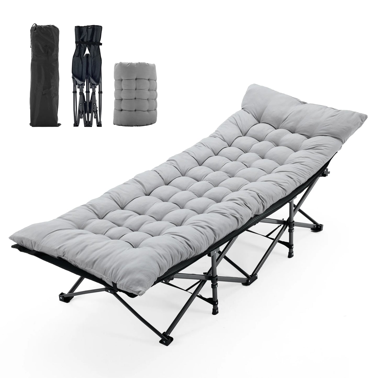 JHK Folding Camping Makeshift Bed Beach Lounge Chair Portable 3.5'' Cushion 440 lbs Sturdy Frame Compact Carry With Storage Bed for Outdoor Camping Hiking