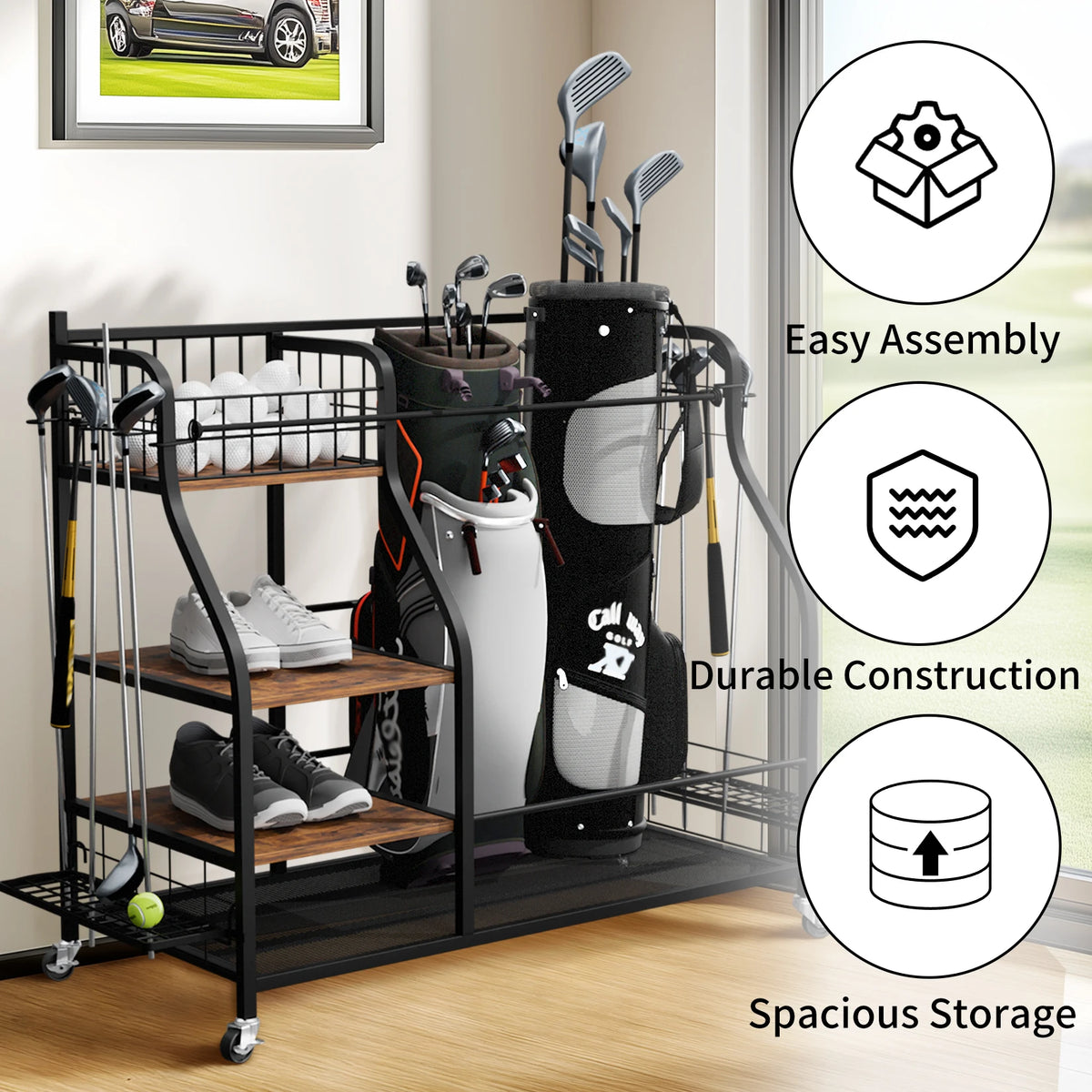 Metal Three Tier Golf Bag Storage Rack With Rolling Wheels