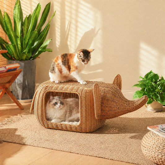 PEQULTI Elephant Rattan Cat Condo Bed Plush Cushioned