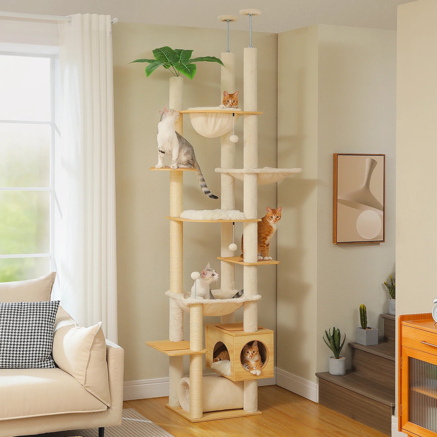 PAWZ Road Height Adjustable Wooden Cat Tree With Hammock Sisal Scratching Posts