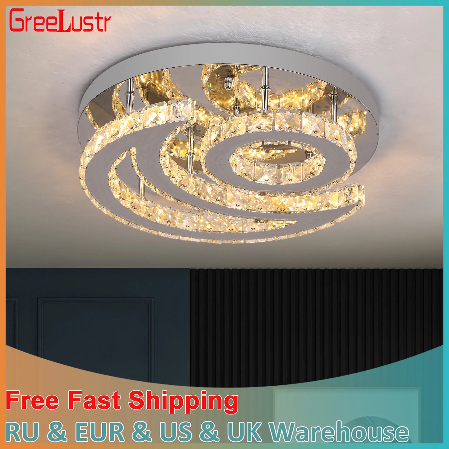 GreeLustr Crystal LED Sun Moon Ceiling Pendant Chandelier