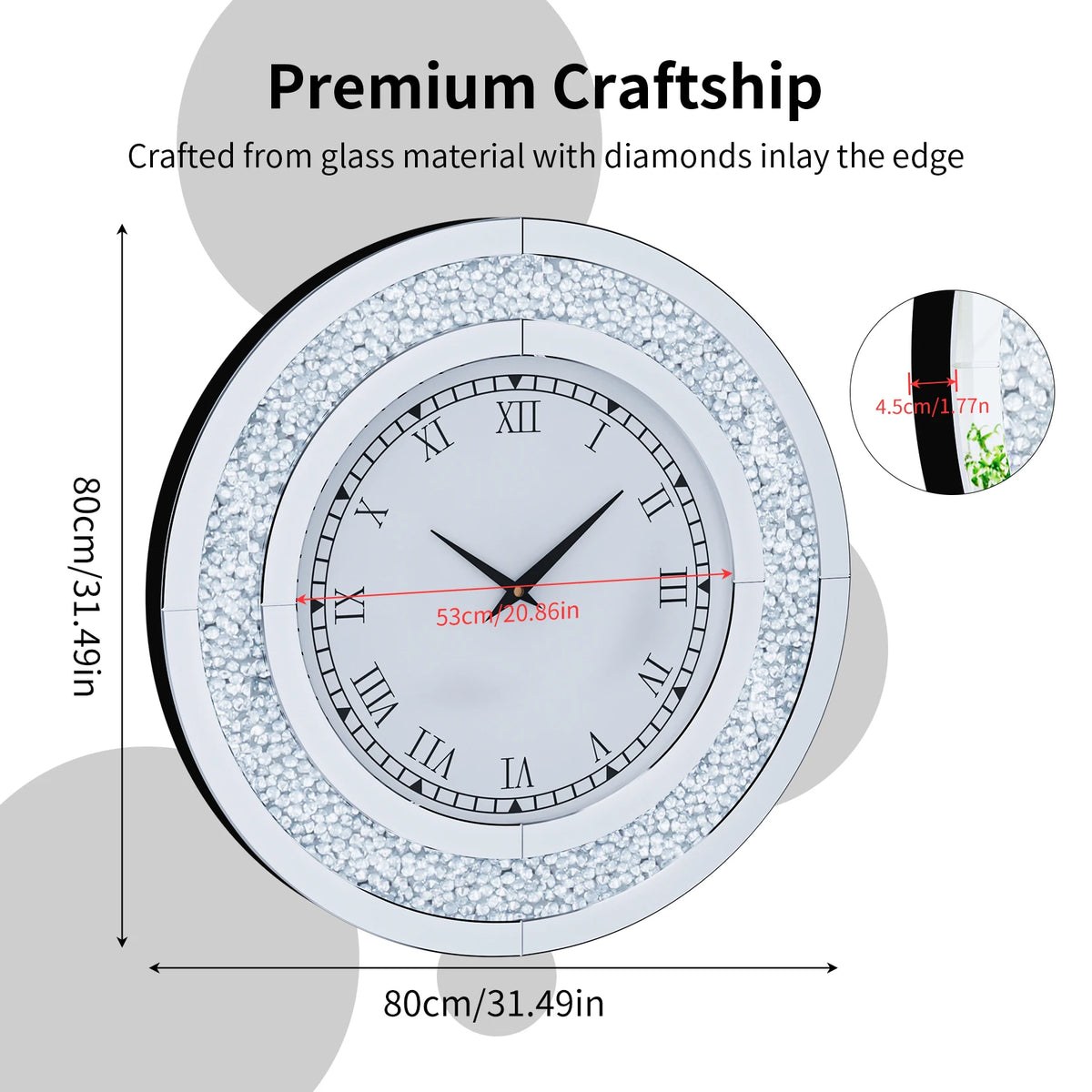 Crystal Sparkle Mirror Wall Clock With Quiet Alarm Feature