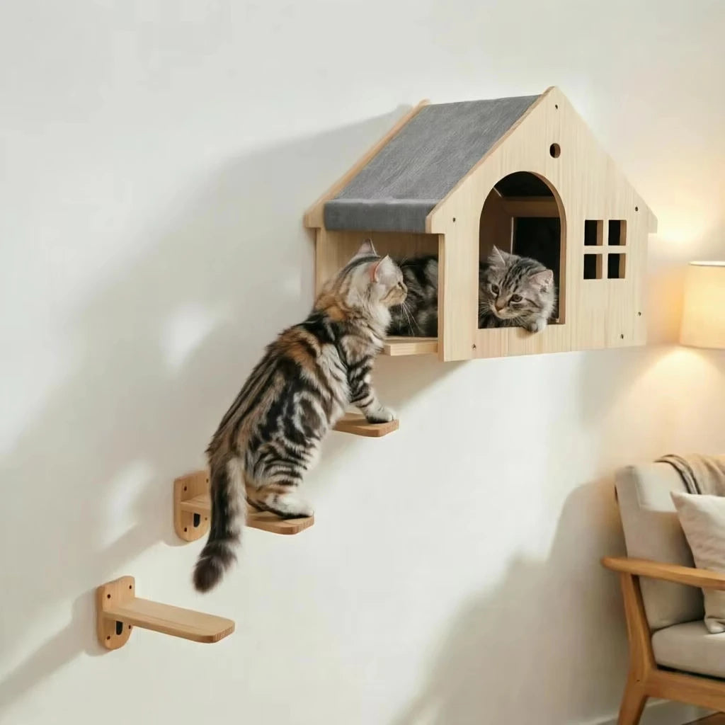 Wooden Cat Condo Villa Wall Mounted Shelf for Cats