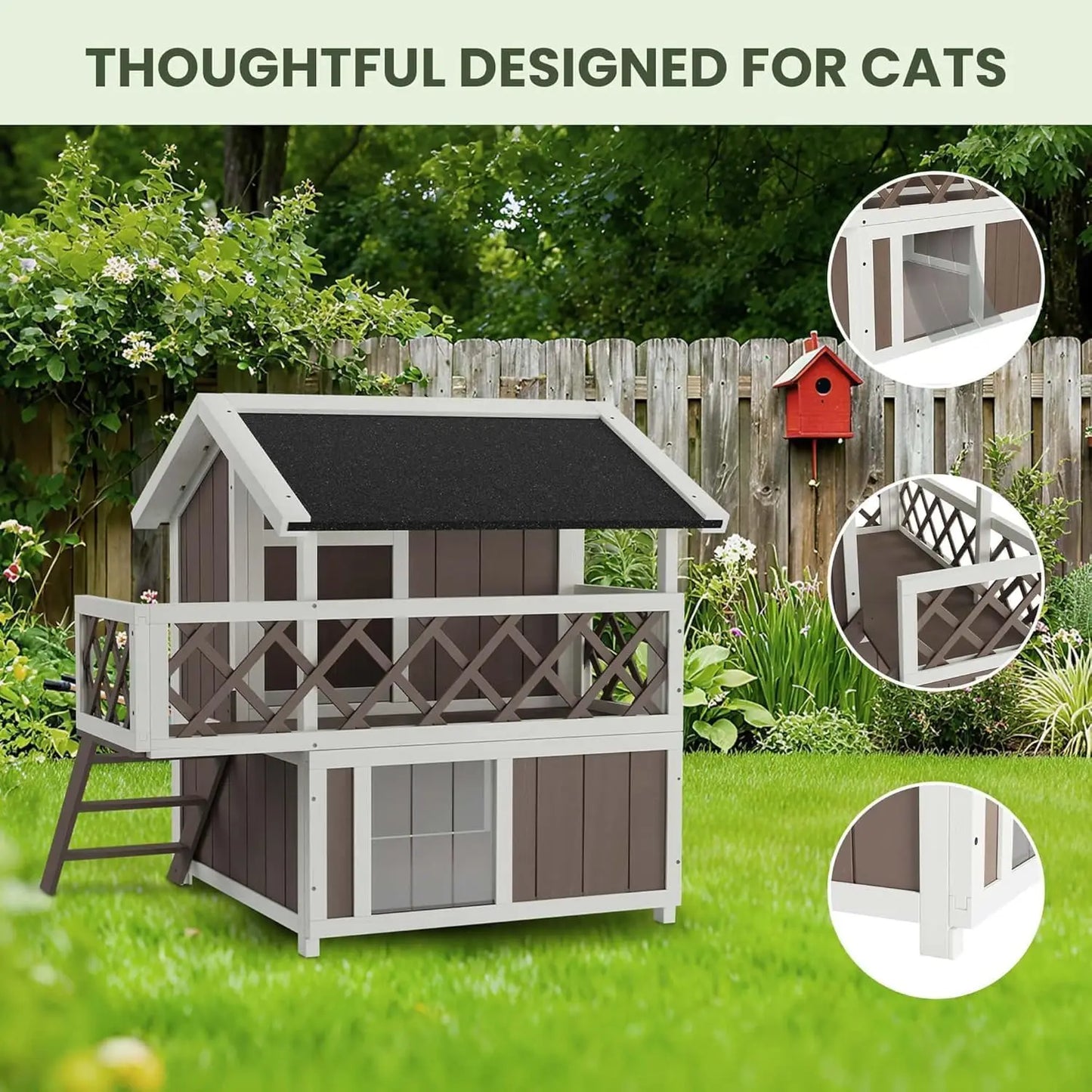 DishyKooker Wooden 2 Level Cat House Outdoor Weatherproof Shelter