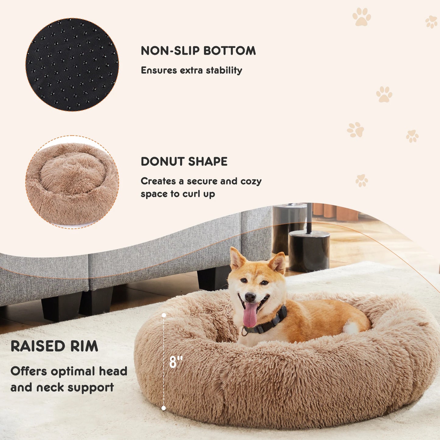 JHK Calming Dog Bed Anti Slip Plush Faux Fur Washable
