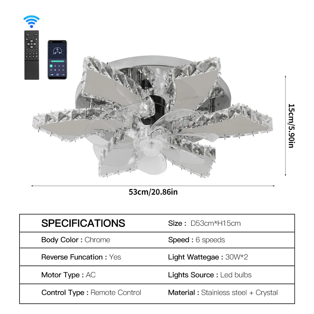 VETRULUS Modern Crystal Chandelier Ceiling Fan With LED Lamp