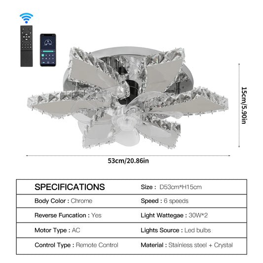 VETRULUS Modern Crystal Chandelier Ceiling Fan With LED Lamp