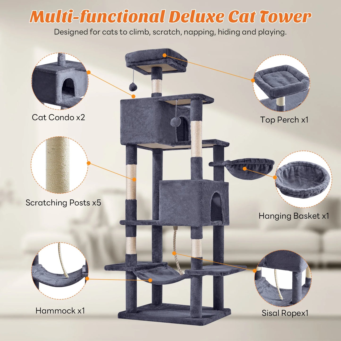MCQ Cat Tree Tower With Natural Sisal Scratching Posts For Indoor Cats