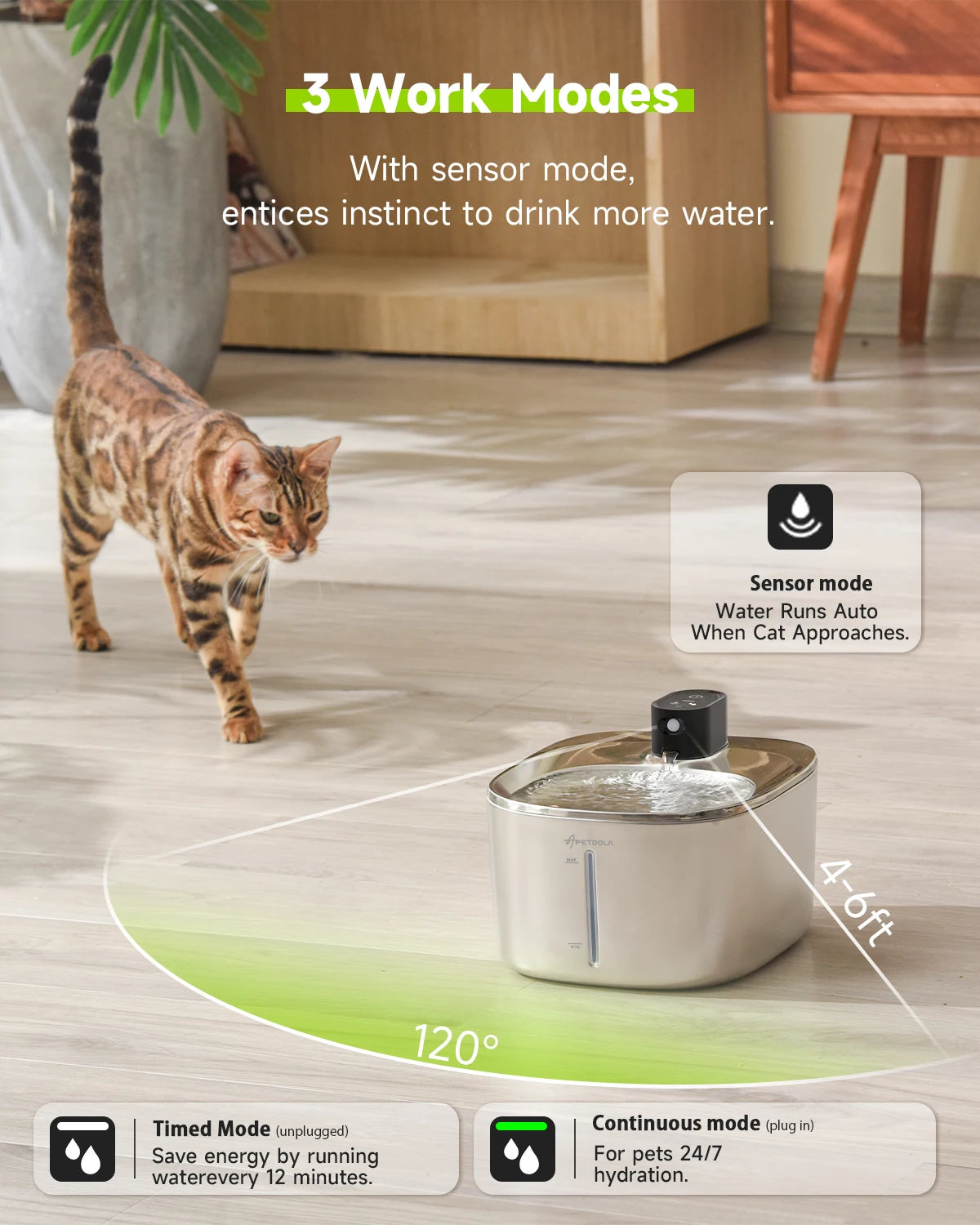 APD APETDOLA Wireless Cat Water Fountain Stainless Steel Battery Operated