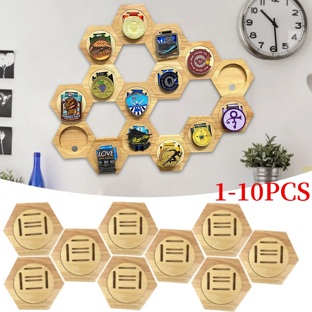 1-10Pcs Medal Display Stand Wooden Medal Hanger for Sport Track Field Running Creative Splicing Wall Hexagonal Honor Decor Rack