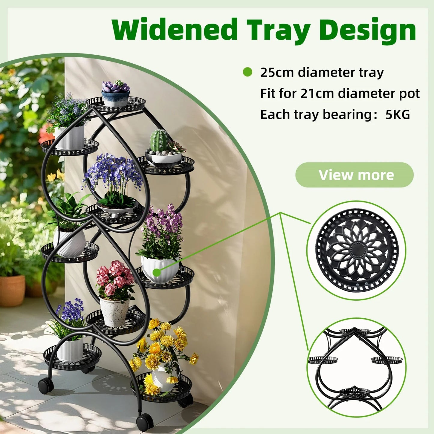 9-Potted Metal Tall Plant Stand with Wheels Flower Pot Display Shelf Rack Holder for Balcony, Backyard, Garden