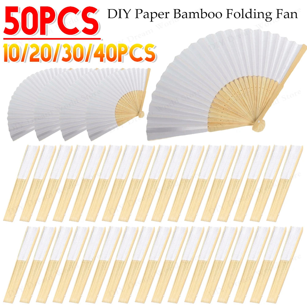 1-50PCS White Hand Folding Fan Graffitable Bamboo Folding Fan Portable Chinese Fan for church wedding gifts party Room Decor