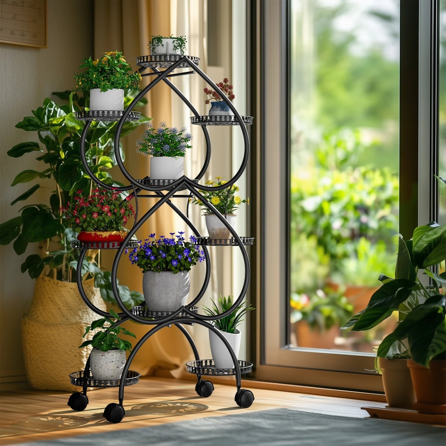 9-Potted Metal Tall Plant Stand with Wheels Flower Pot Display Shelf Rack Holder for Balcony, Backyard, Garden