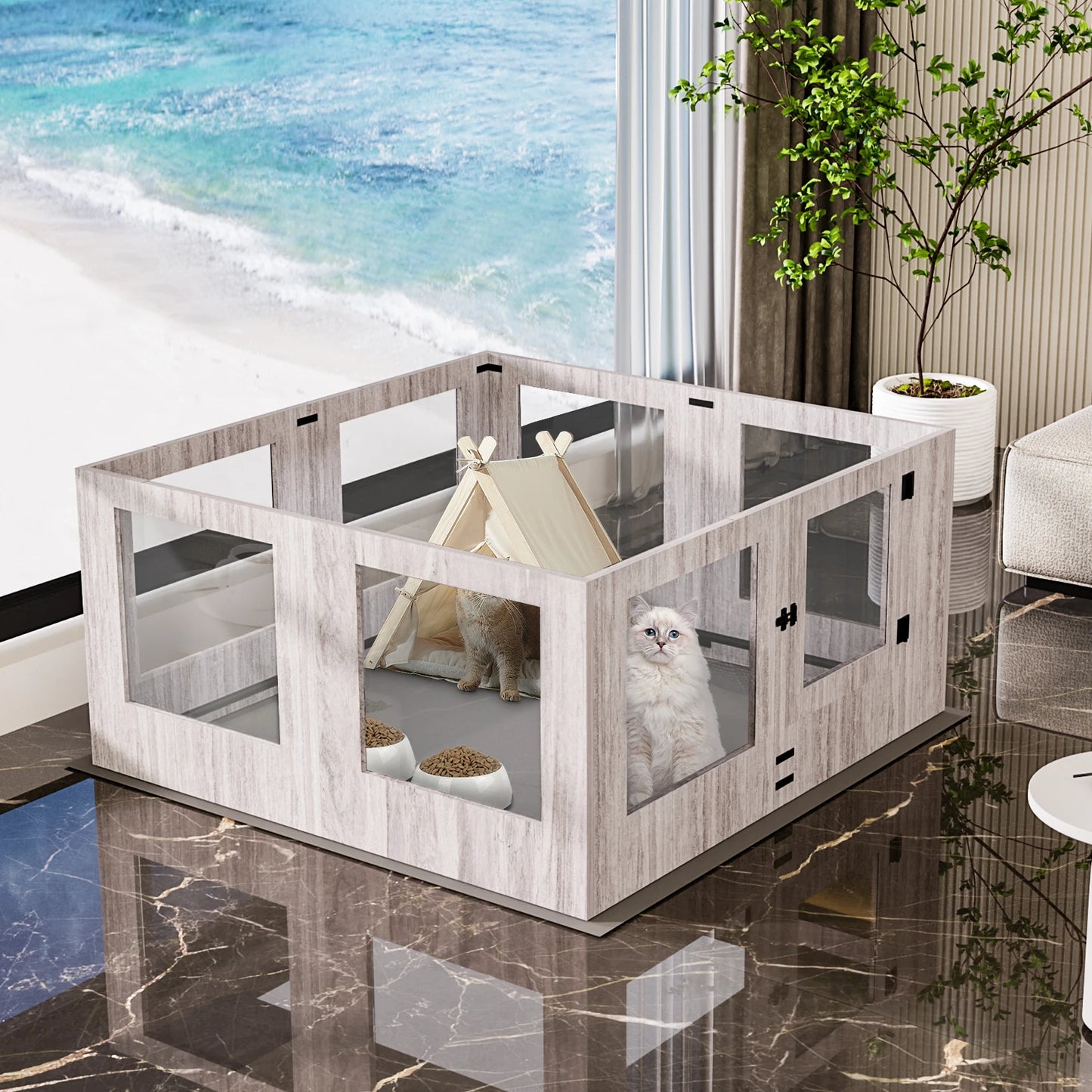 BINGOPAW Tempered Glass Dog Playpen With Waterproof Pad