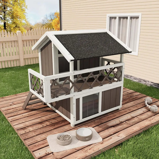 DishyKooker Wooden 2 Level Cat House Outdoor Weatherproof Shelter