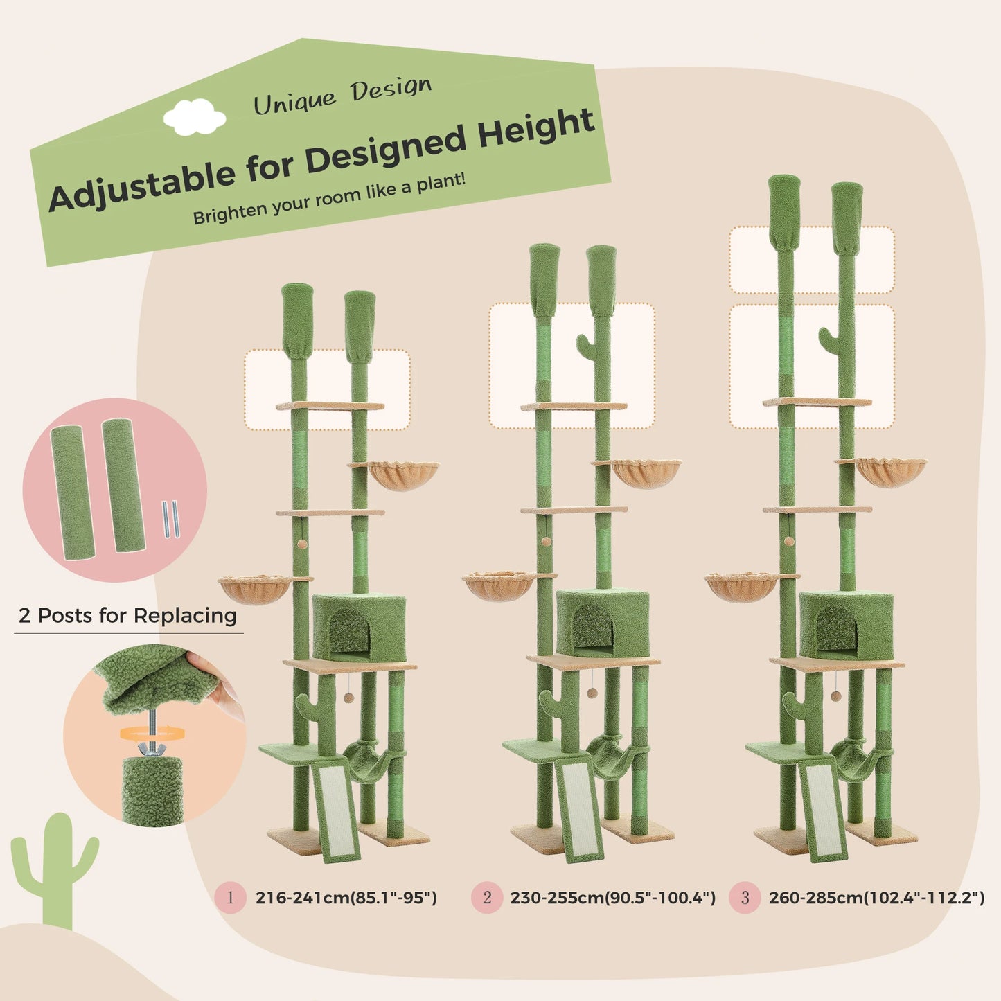 PAWZ Road Cactus Cat Tree Floor to Ceiling Tower Hammocks