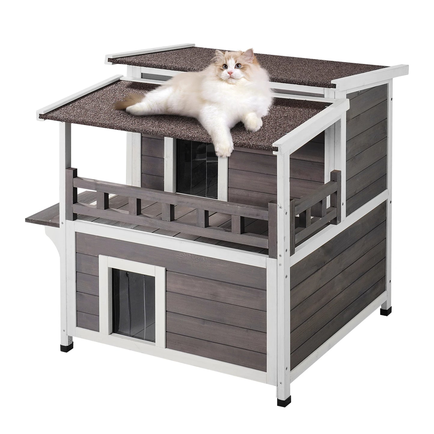 SucceBuy Weatherproof Outdoor Cat House Feral Cat Shelter Two Story Wooden