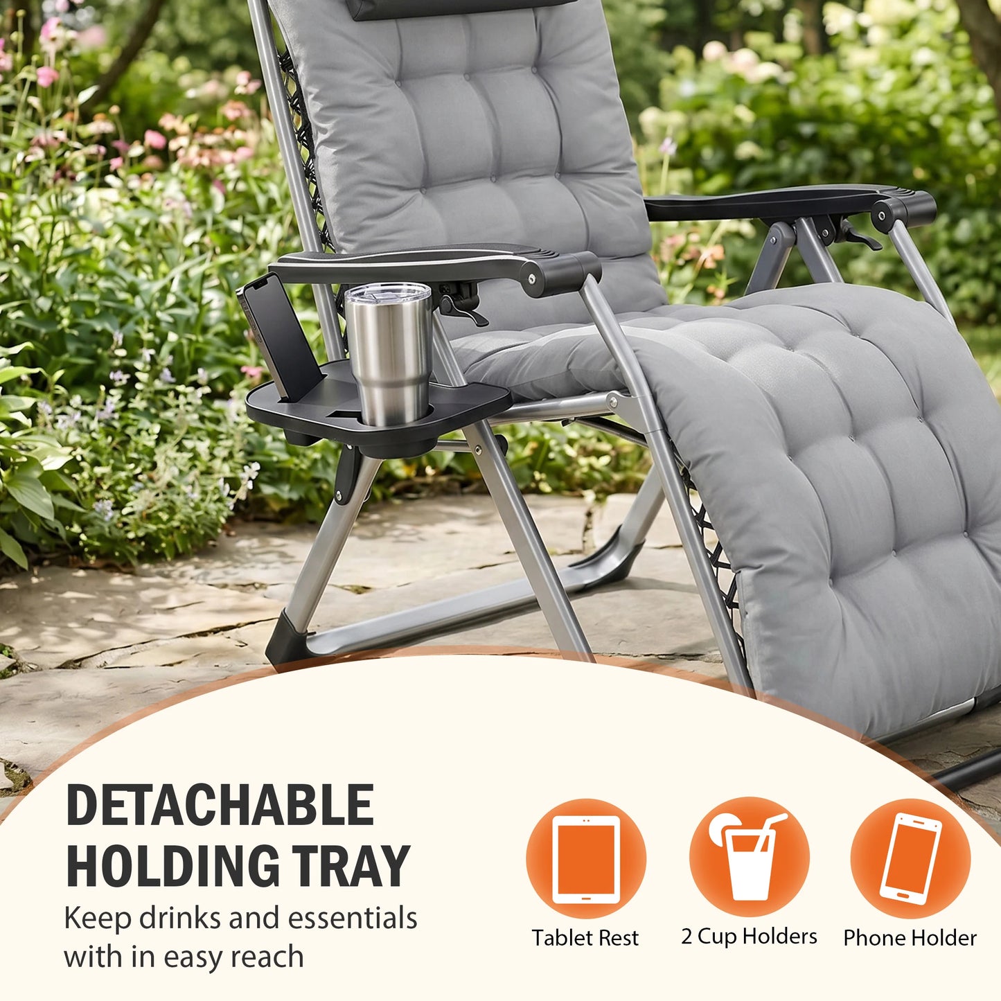 JHK Zero Gravity Reclining Camping Lounge Chair for Outdoor Soft Cushion Patio Chairs with Cup Holder Trays and Removable Cushion Folding Recliner for Indoor