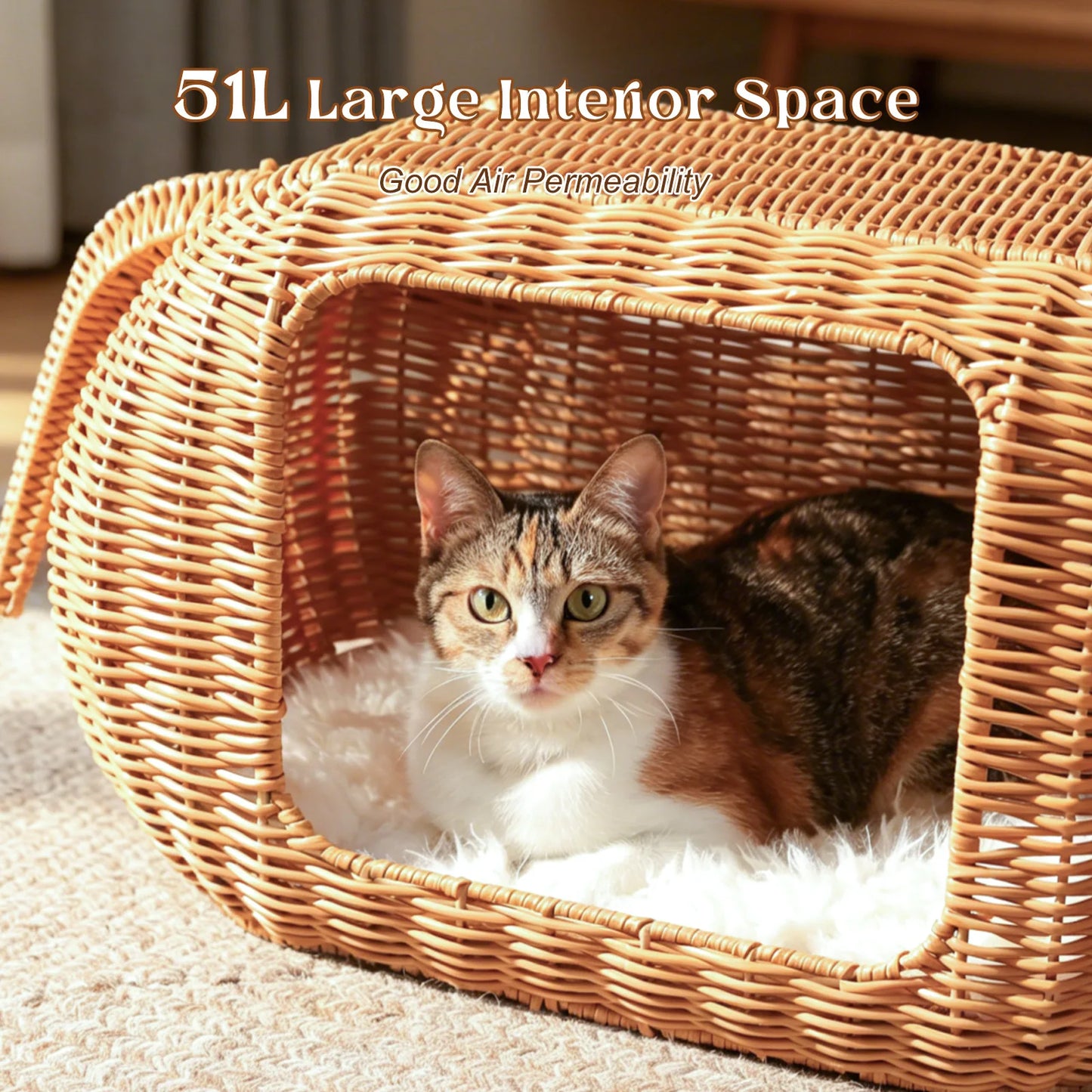 PEQULTI Elephant Rattan Cat Condo Bed Plush Cushioned
