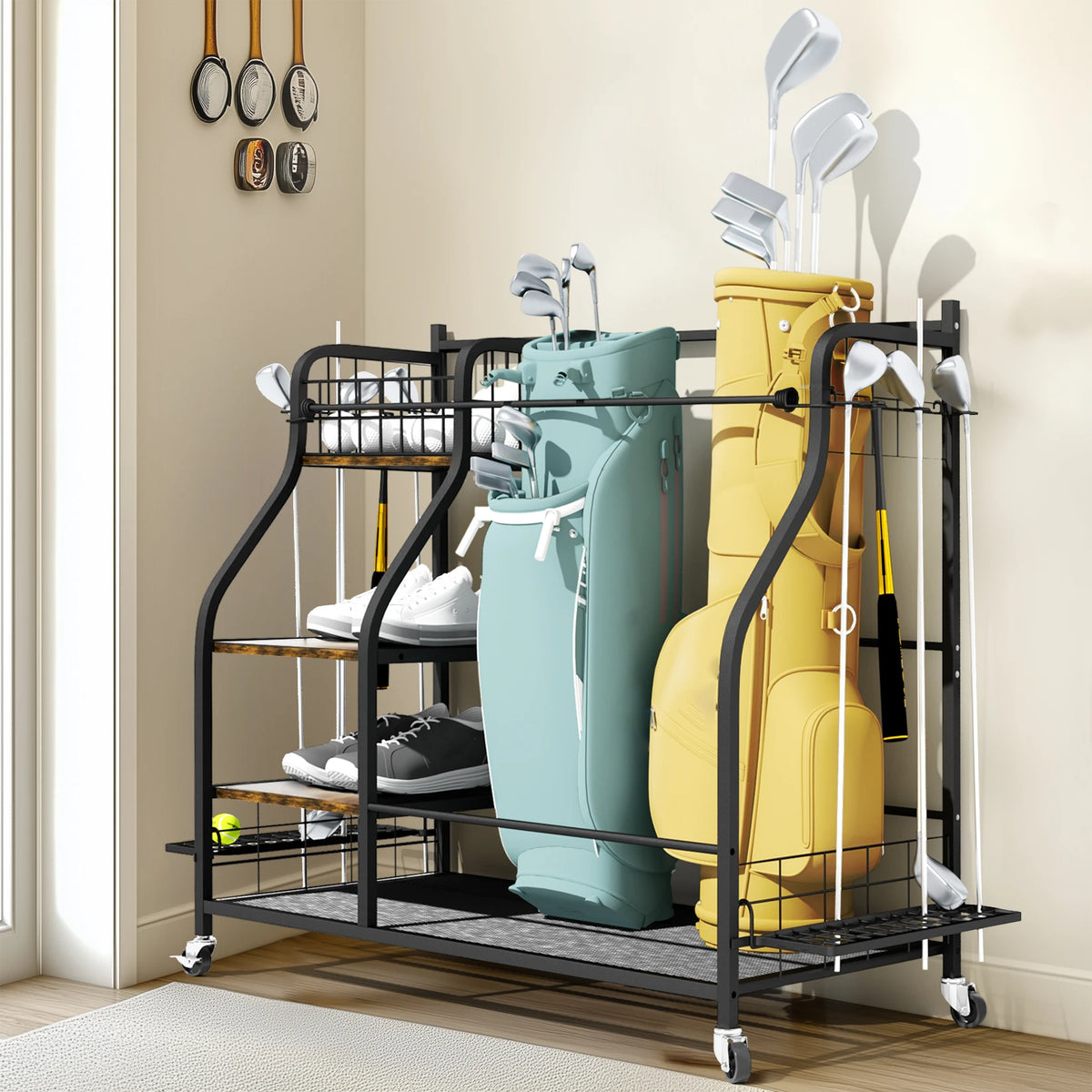 Metal Three Tier Golf Bag Storage Rack With Rolling Wheels