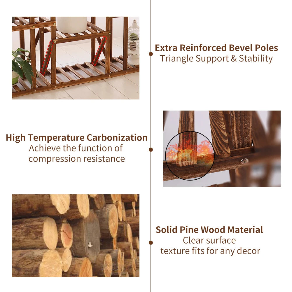 Carbonized Wood Plant Stand Display Shelf Indoor Outdoor Decor