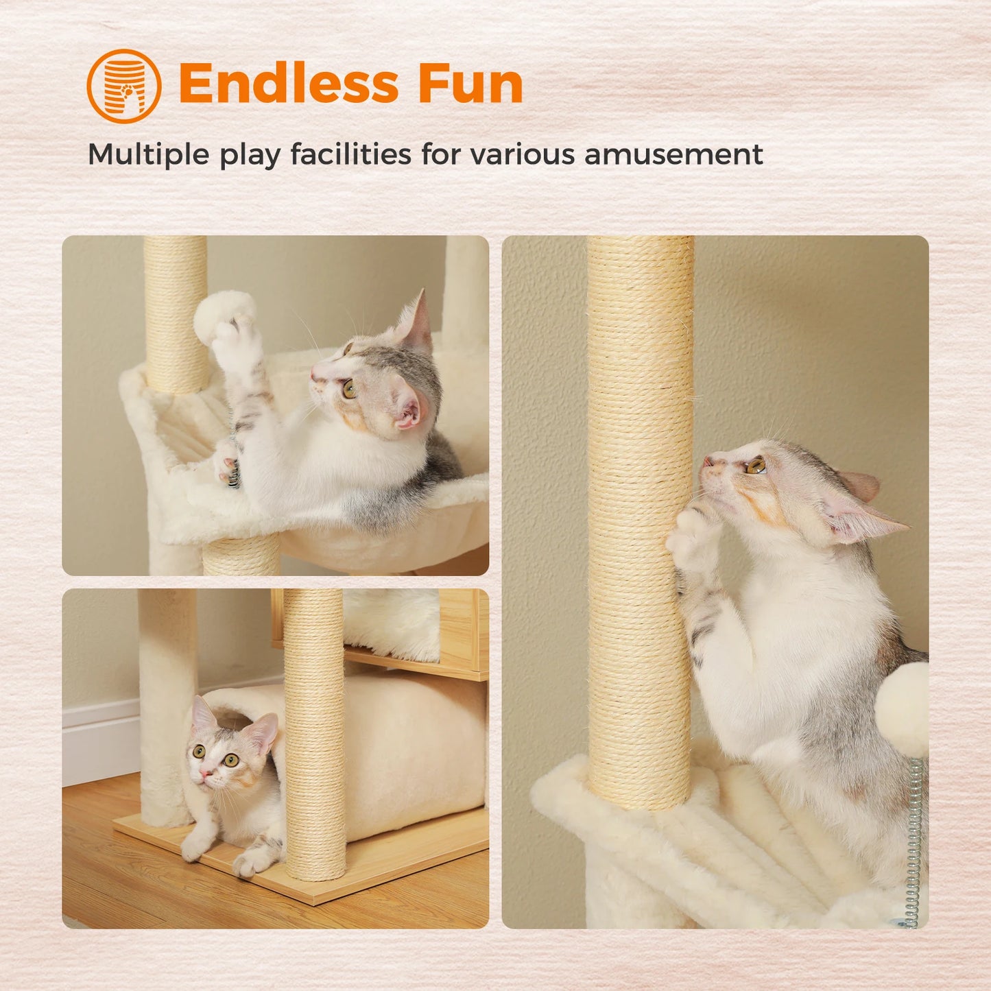 PAWZ Road Height Adjustable Wooden Cat Tree With Hammock Sisal Scratching Posts