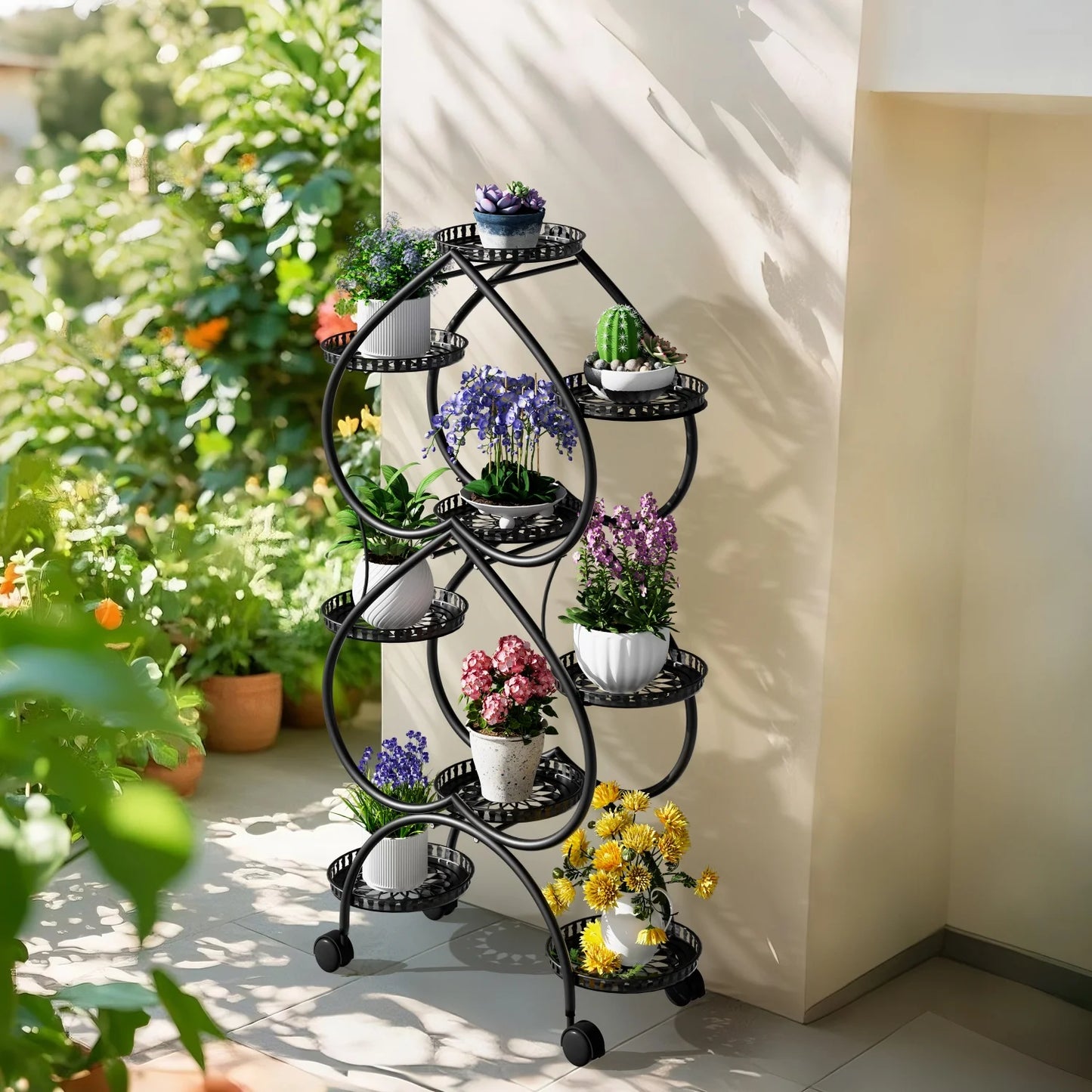 9-Potted Metal Tall Plant Stand with Wheels Flower Pot Display Shelf Rack Holder for Balcony, Backyard, Garden