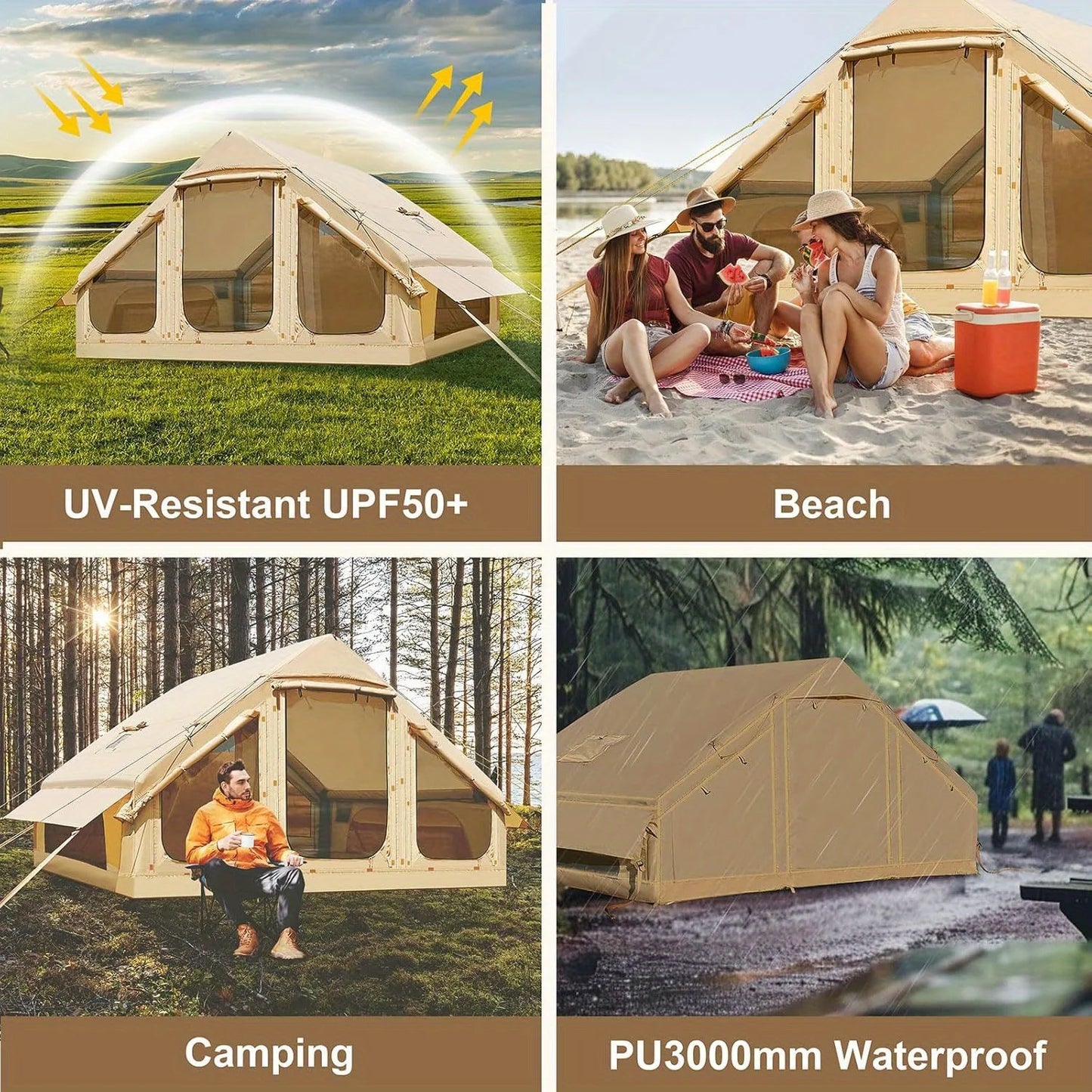 4-6 Person Inflatable Tent - Quick Setup Air Tent with Stove Jack, 420D Oxford (PU2000), 15cm Air Beams, 2 Doors & Windows