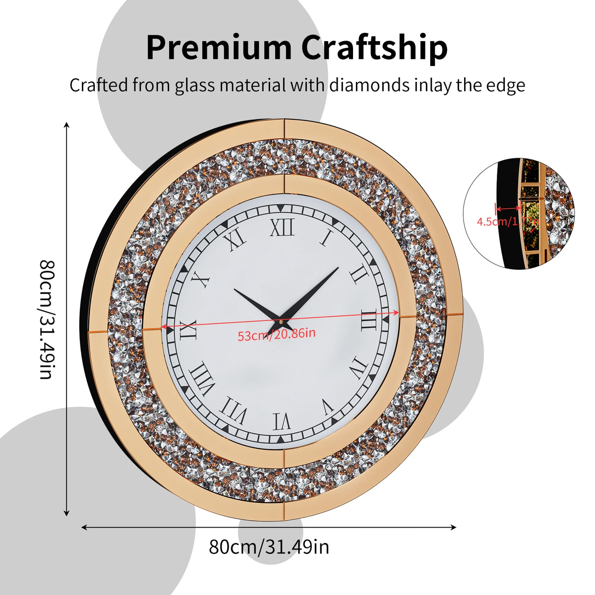 Crystal Sparkle Mirror Wall Clock With Quiet Alarm Feature