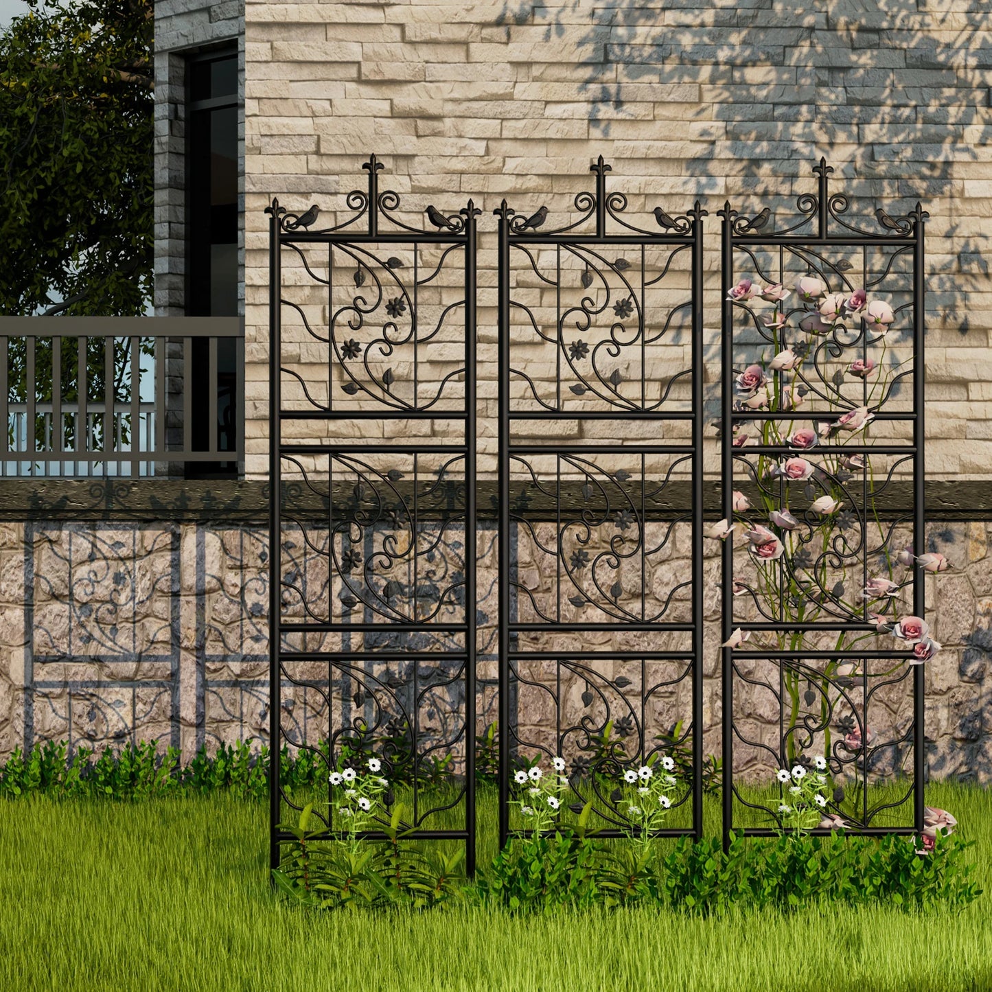 Thick Metal Garden Trellis, Bird Leaf Grid Panel Fence, Climbing Planter Support Frame, 2pcs