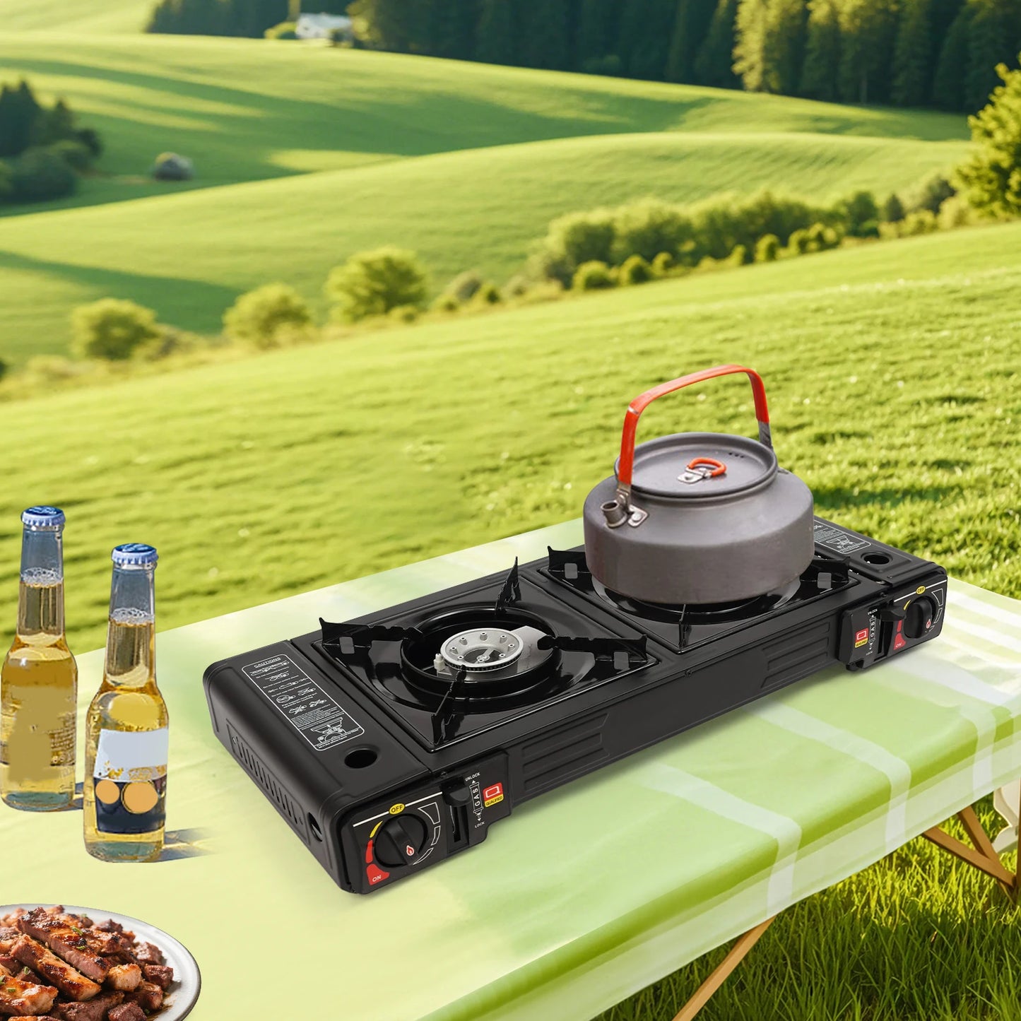 Portable Camping Stove Two Burner With Baking Tray And Case